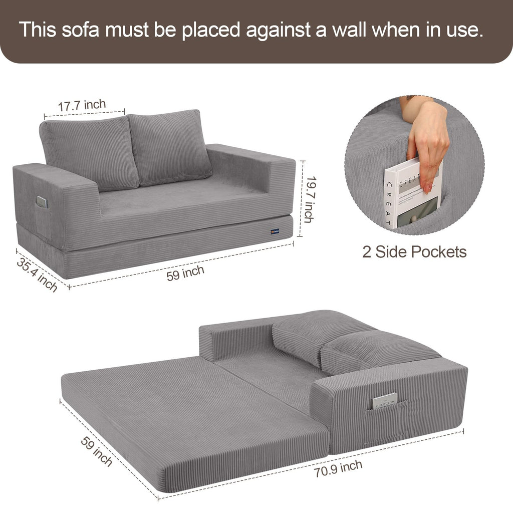 COMAX Futon Sofa Bed, 4‑in‑1 Convertible Sofa Bed, Folding Boneless Couches | Boneless Couch for living room, Fold Out Small Foldable Loveseat Floor Sleeper Mattress Lounge Space‑Saving, Ash Gray