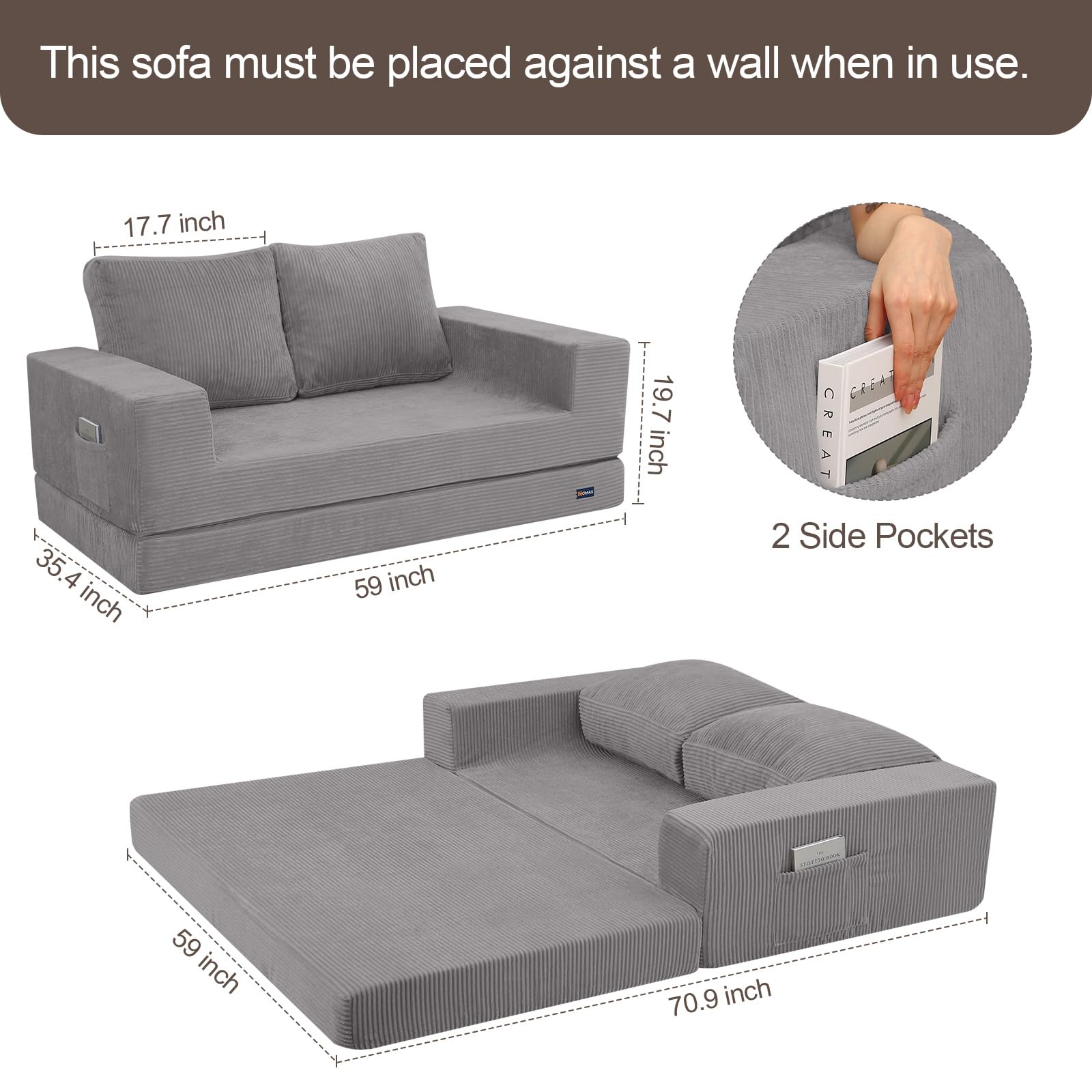 COMAX Futon Sofa Bed, 4‑in‑1 Convertible Sofa Bed, Folding Boneless Couches | Boneless Couch for living room, Fold Out Small Foldable Loveseat Floor Sleeper Mattress Lounge Space‑Saving, Ash Gray