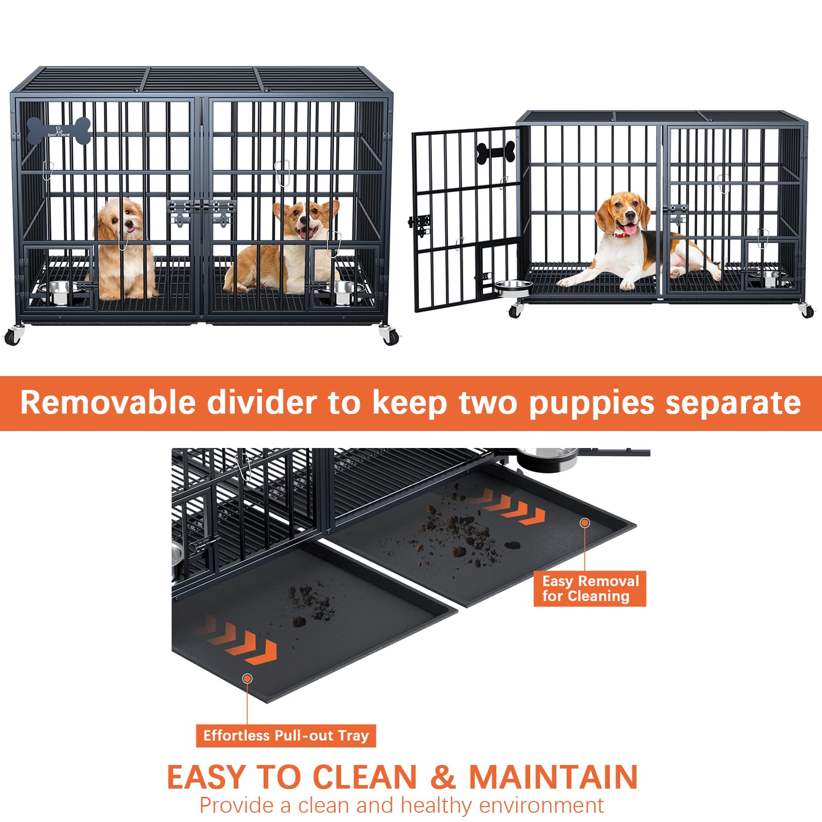 Dosker 42 inch Heavy Duty Metal Dog Crate with Divider for 2 Dogs/Large Dog, All Metal Open Top Escape Proof Cage, Indoor Dog Kennel with Wheels, Floor Grid, Tray, Feeding Bowl