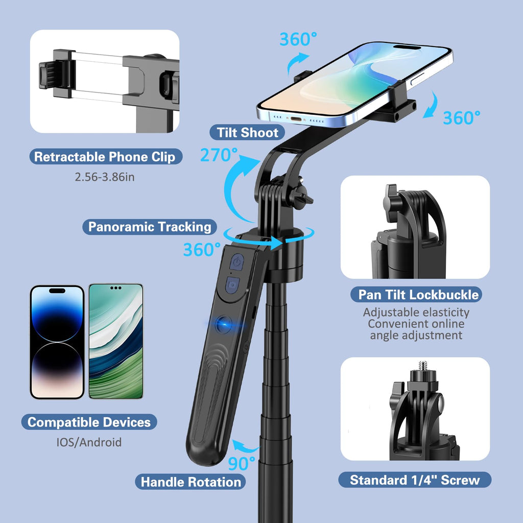 Auto Face Tracking Tripod 360 Rotation with Stand,Android and iPhone Tripod Holder with Remote and Gesture Control, No App,Built-in Tracking Camera Selfie Stick for Vlog Video Recording Tiktok