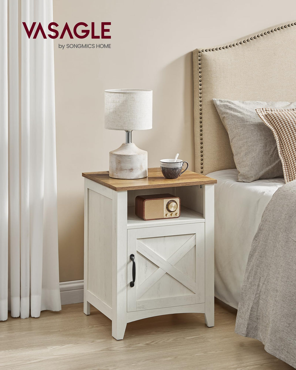 VASAGLE LIRY Collection - Farmhouse Nightstand with Barn Door, Bedside Table with Storage, Side End Table, Night Stand, Open Compartment, for Bedroom, Misty Gray ULET609G68