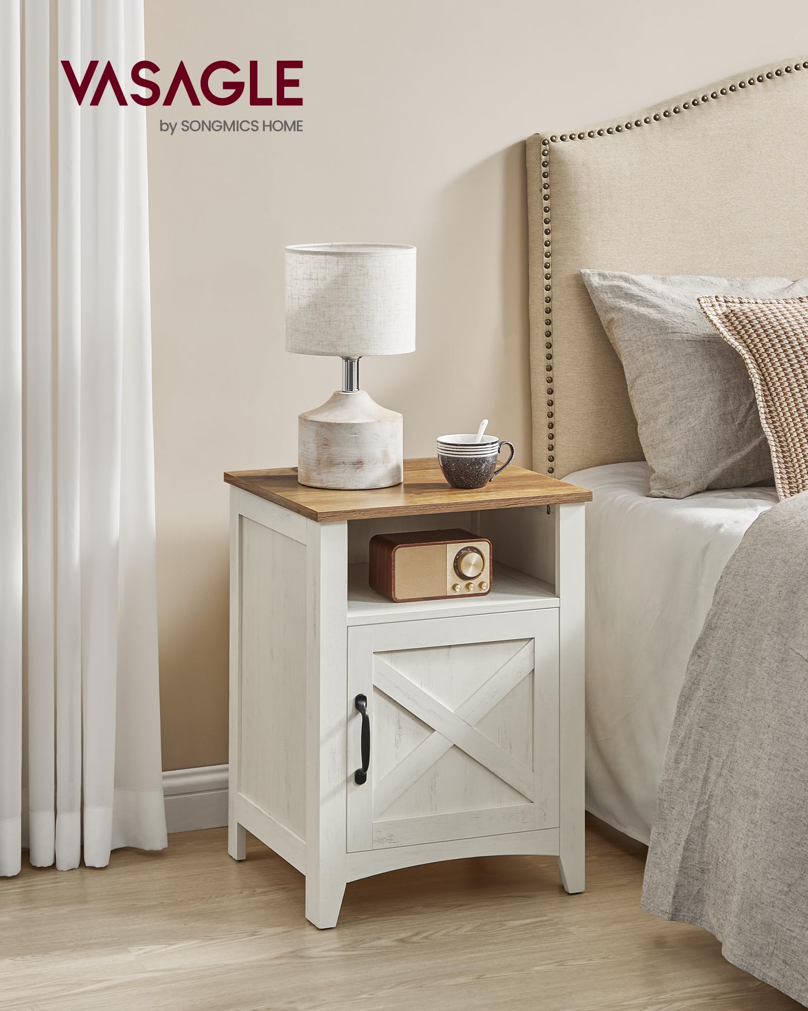 VASAGLE LIRY Collection - Farmhouse Nightstand with Barn Door, Bedside Table with Storage, Side End Table, Night Stand, Open Compartment, for Bedroom, Misty Gray ULET609G68