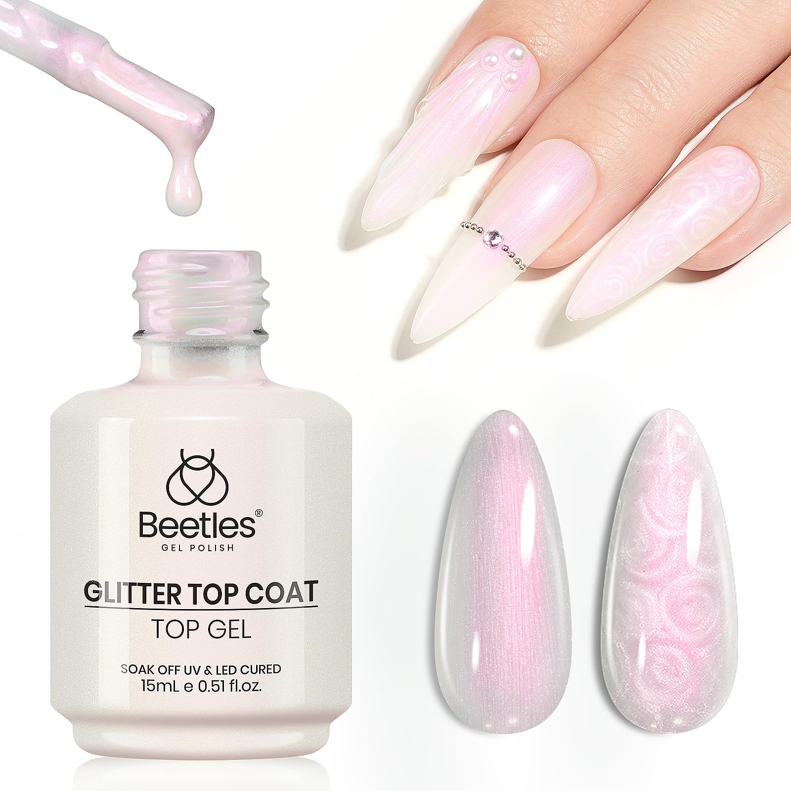 Beetles Heart Gel Top Coat 15ml - Hema Free Glitter Shine No Wipe Top Coat Long-Lasting for Gel Polish, Pink Heart Sparkle Soak Off UV LED Gift for Women