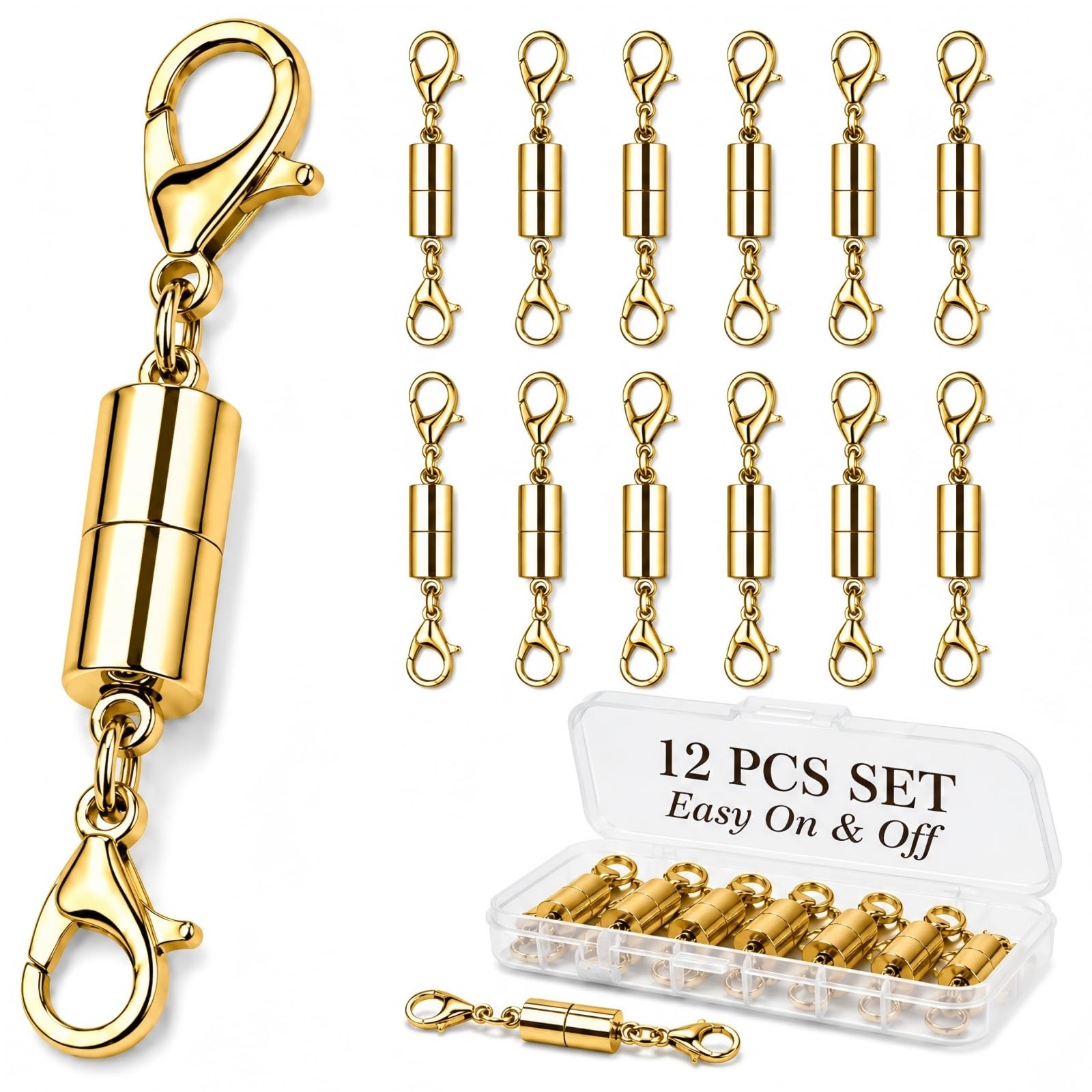 12 Pack Magnetic Necklace Clasps and Closures. Necklace Jewelry Extender with Strong Magnet. for Jewelry Necklace Bracelet Making. Gold and Silver Plating (12Pcs | Gold Cylinder)