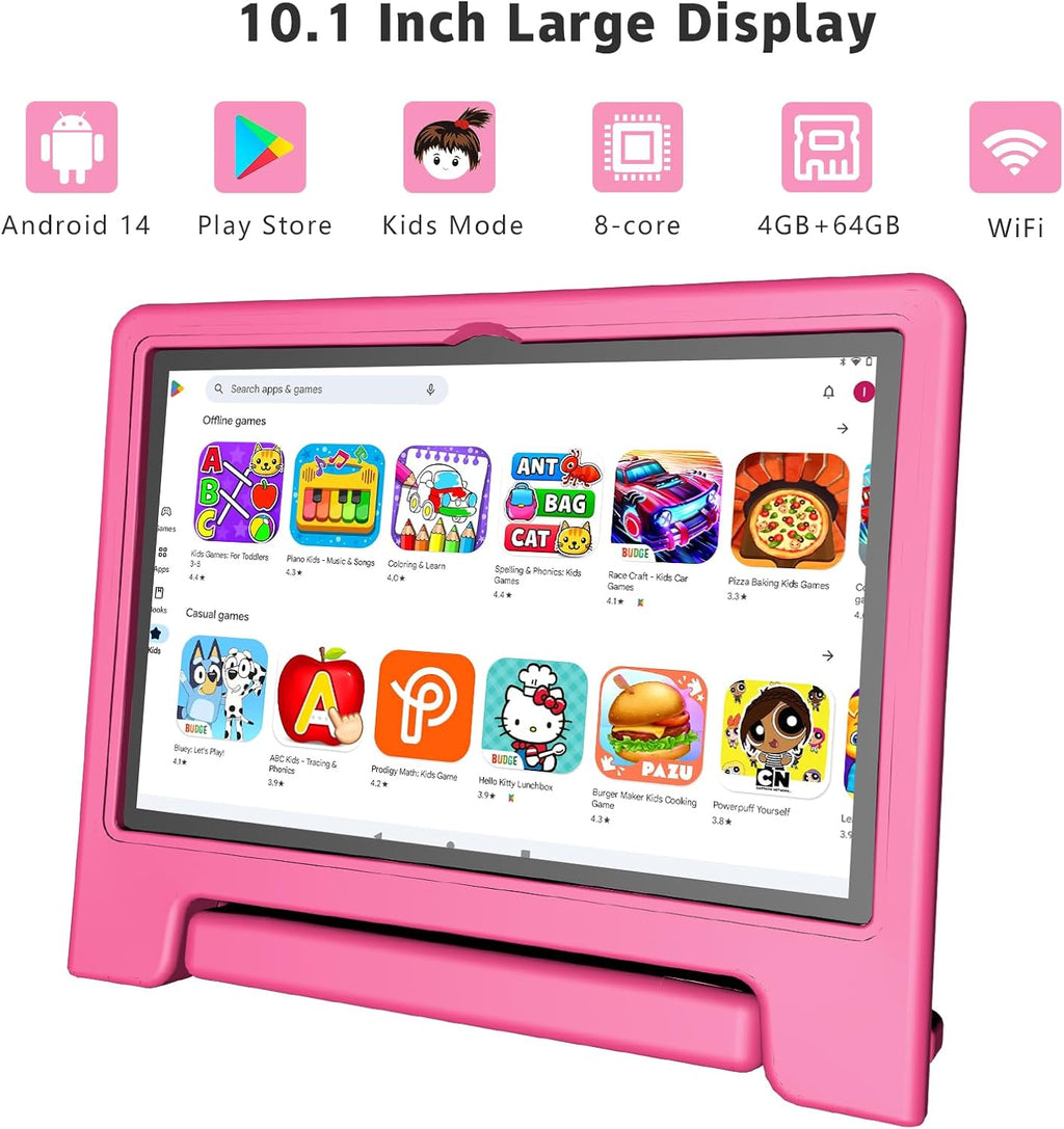 VNEIMQN 10.1 Inch Android 14 Tablet, 64GB Storage, Octa-Core Processor, WiFi Bluetooth, Dual Cameras, Protective Case Pink Included, Support Play Store