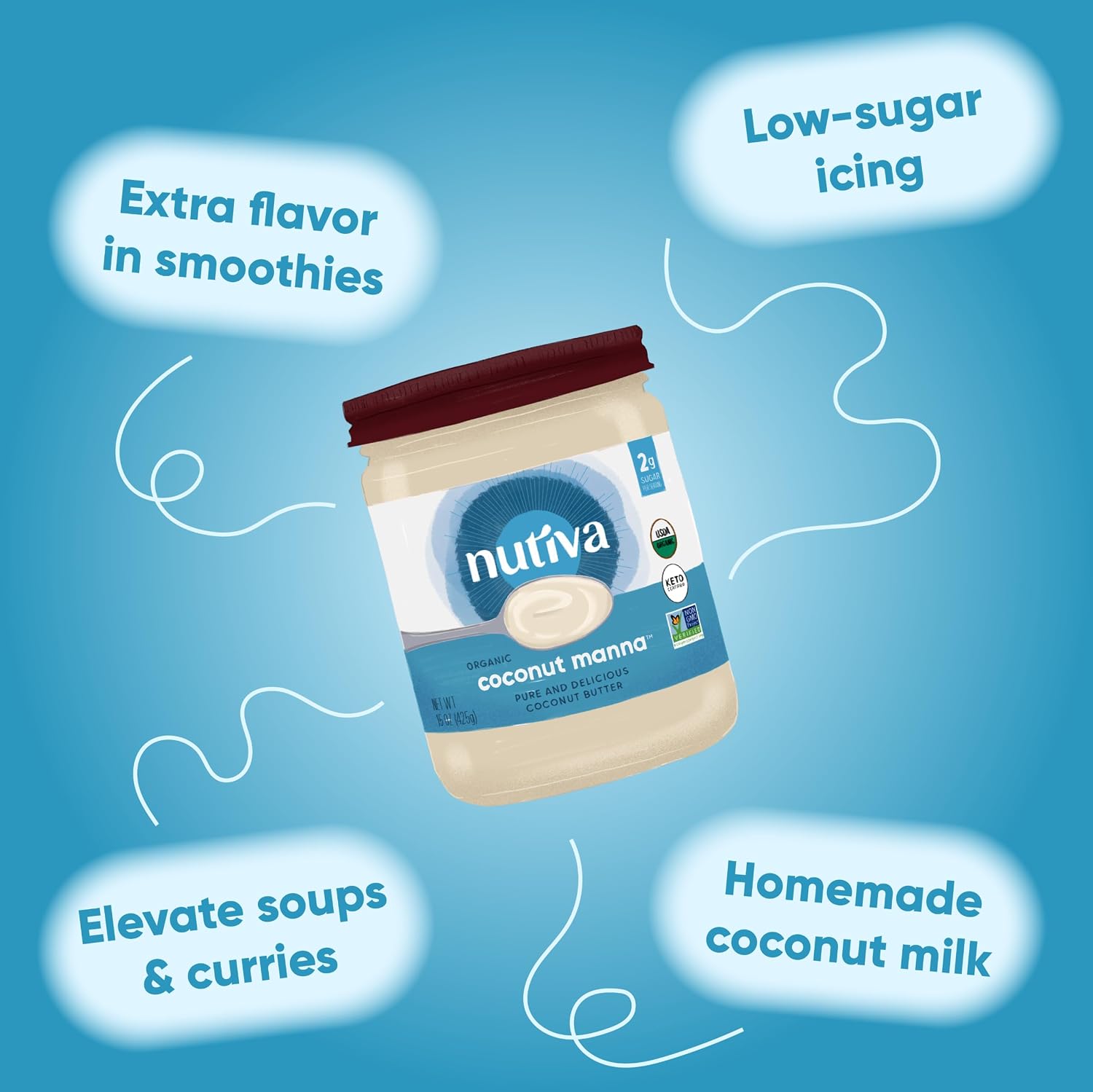 Nutiva Organic Coconut Manna Puréed Coconut Butter, 15 Oz (Pack of 2), USDA Organic, Non-GMO, Whole 30 Approved, Vegan, Gluten-Free & Keto, Creamy Spread to Boost Smoothies & Oatmeal