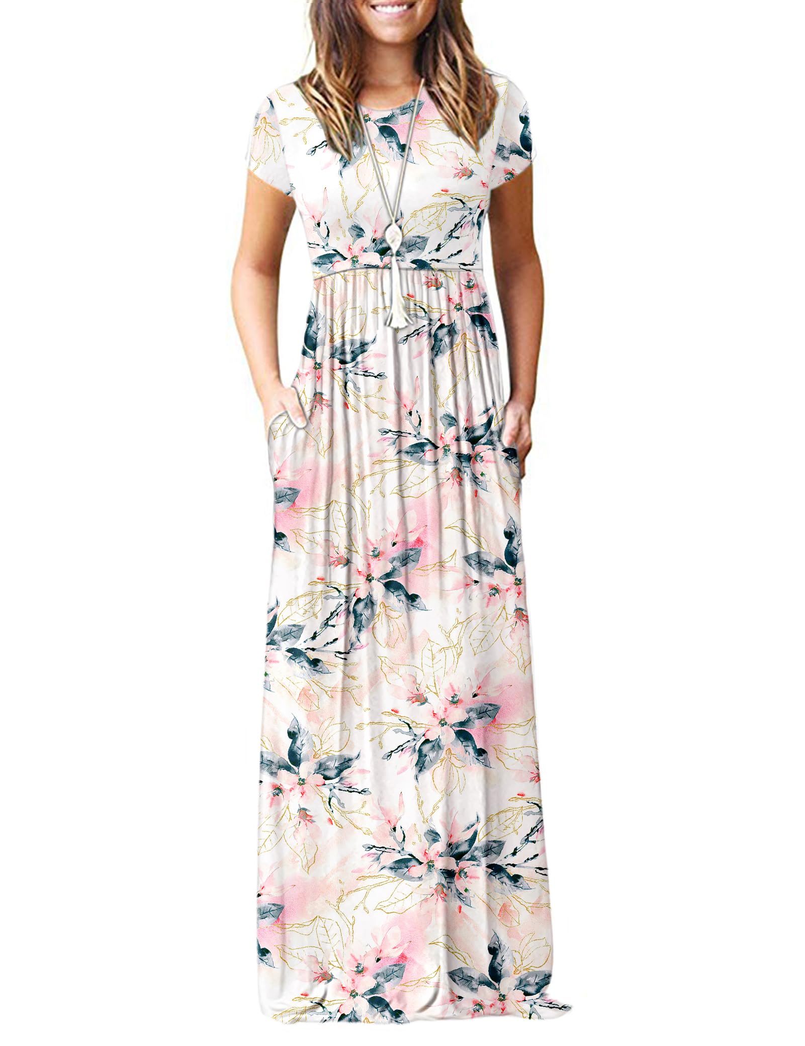 MISFAY Women Short Sleeve Loose Plain Maxi Dresses Casual Long Dresses Pockets