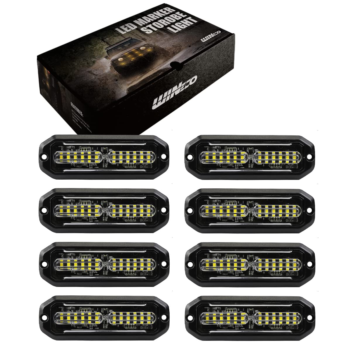 WINECO Amber led strobe lights for trucks 8pcs 12-LED Surface Mount Flashing Strobe Lights kit for Trucks Car Vehicles LED Mini Grille Grill Strobe Light Head Emergency Hazard Warning lights