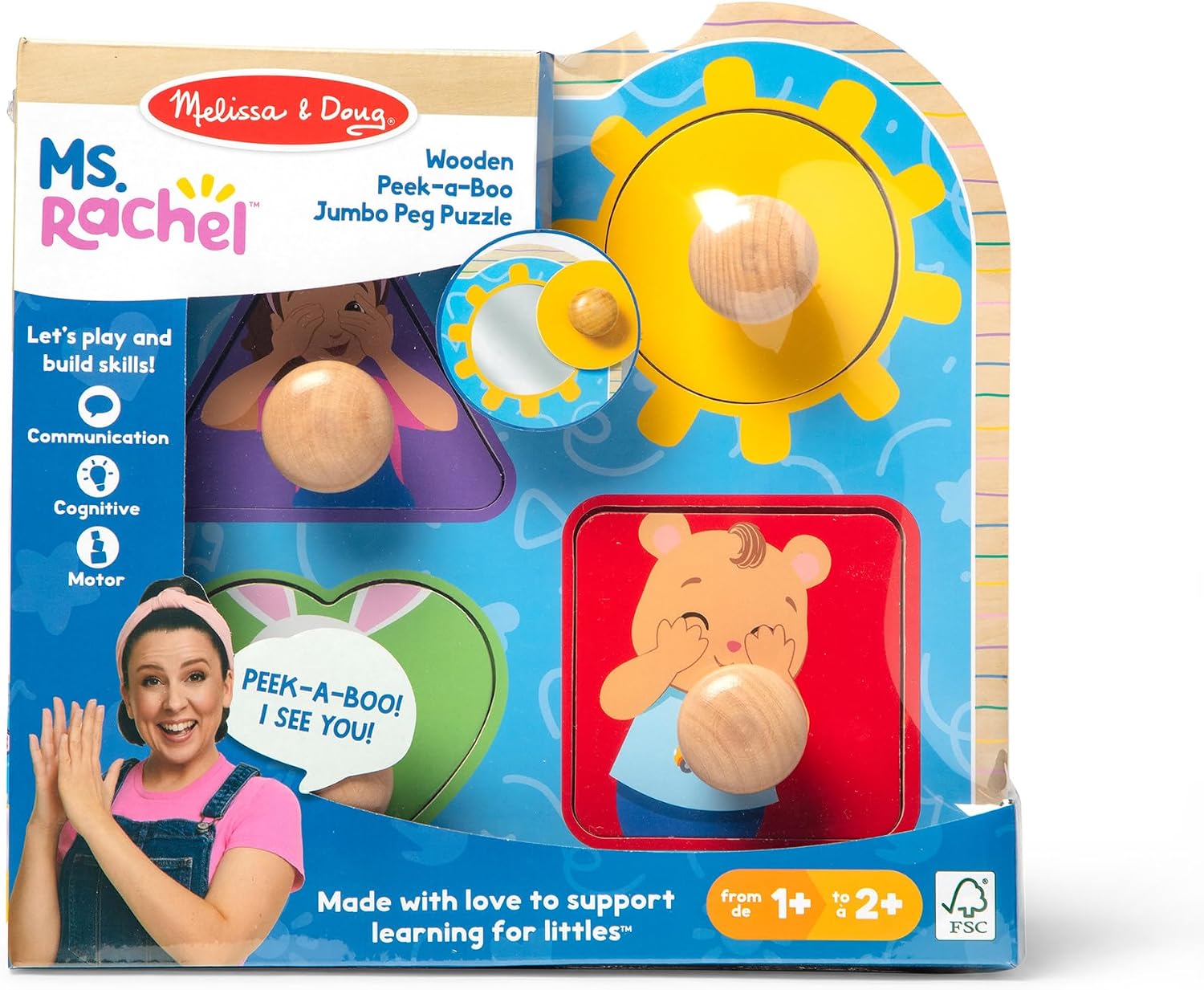 Melissa & Doug® Ms. Rachel™ Wooden Peek-a-Boo Jumbo Peg Puzzle, 4-Piece with Mirror, Toddler Toys for Boys and Girls Ages 1+ Years