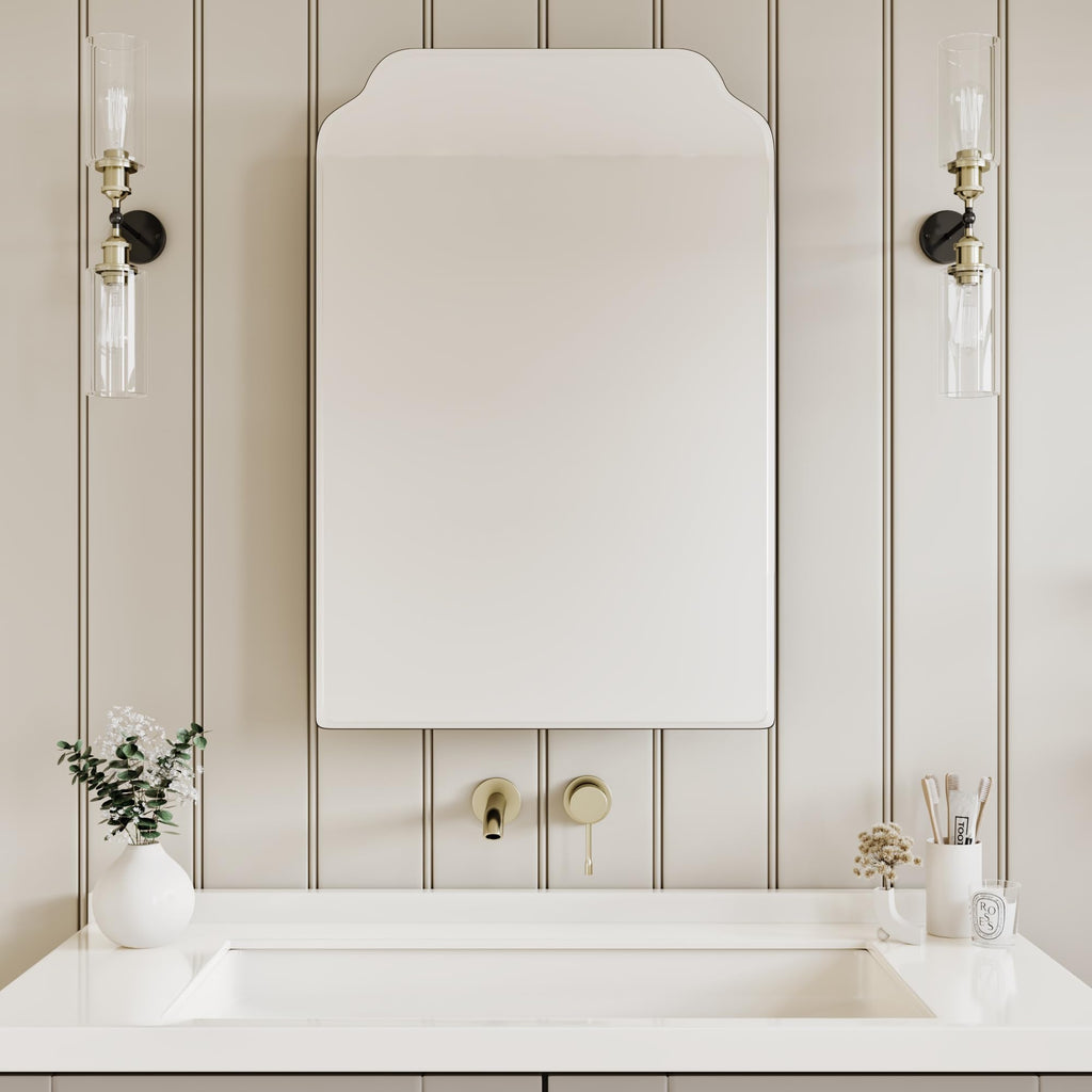 AGDULL Victorian Surface Mount or Recessed Medicine Cabinet, Wood Bathroom Wall Cabinet with Arched Mirror, Black, Left-Swing Door, Overall 16.5" W x 24" H