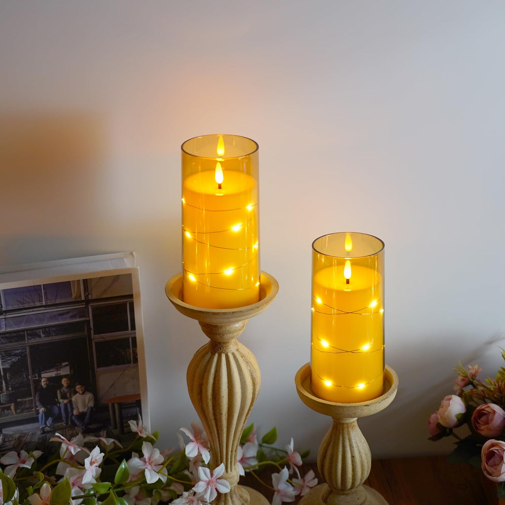 Flickering Flameless Candles with Remote Timer, 6pcs LED Battery Operated Candles with Embedded String Lights Red, Same Size D3 H6