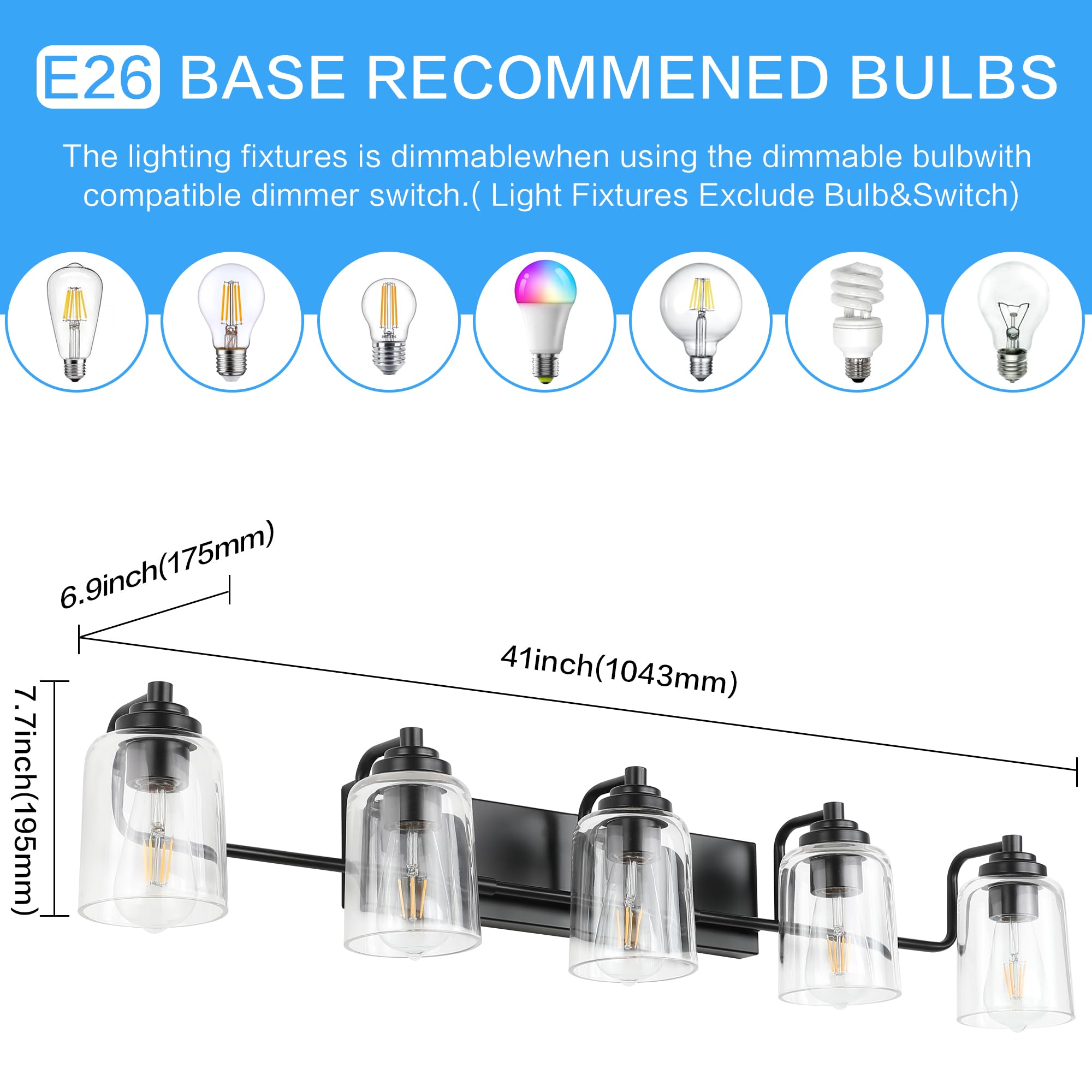 SOLFART 20.1 Inch Black Vintage Bathroom Vanity Light Fixtures Fixtures with Modern Glass Globe Shade Metal Brass Wall Lamp 2 Lights