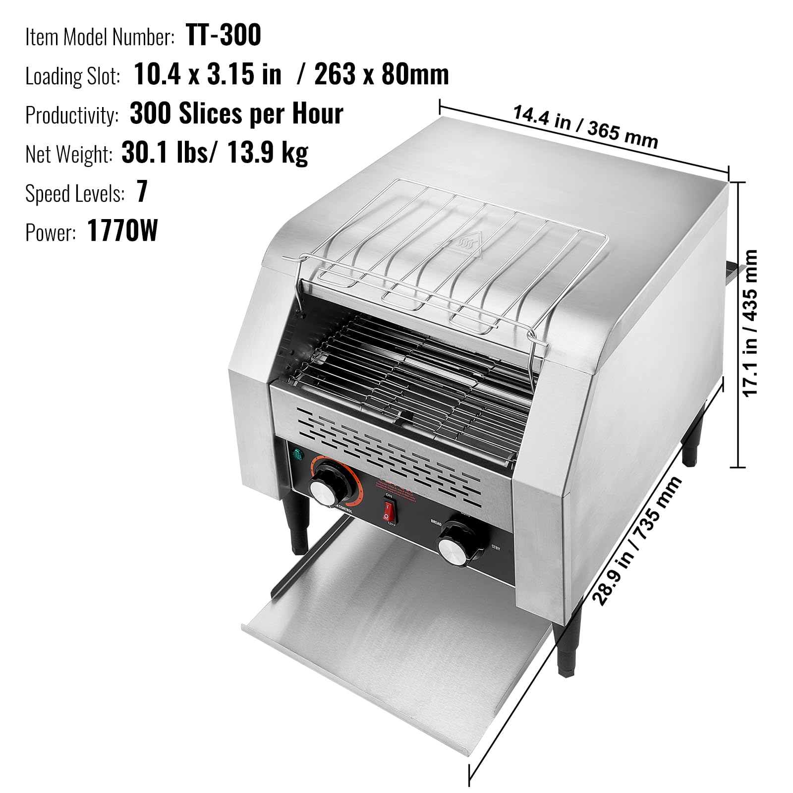 VEVOR Commercial Conveyor Toaster, 300 Slices/Hour, Heavy Duty Stainless Steel, Electric Restaurant Toaster for Toast, Bun, Bagel, Bread