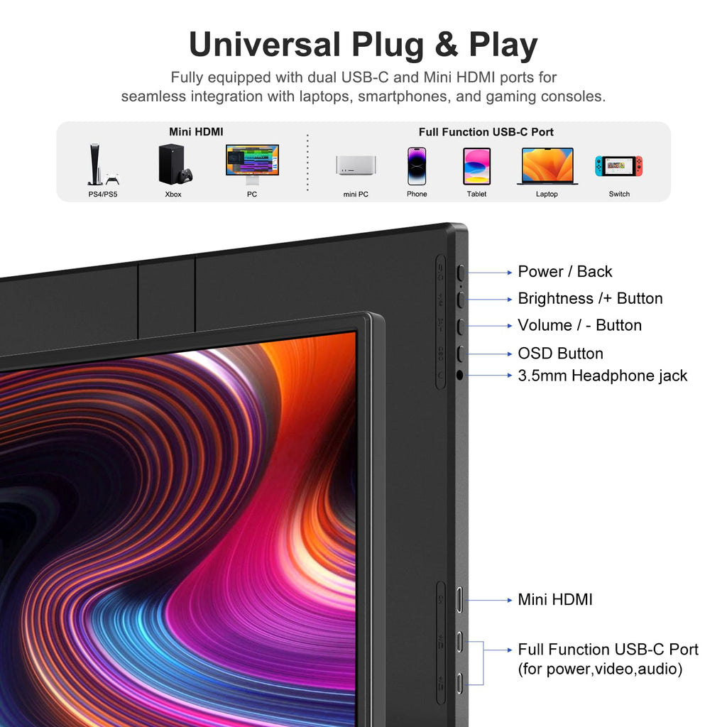 Portable Monitor 15.6 Inch 1080P USB-C HDMI Ultra-Slim Travel Monitor with Kickstand, Compatible with Xbox, Laptop, PC, Mac Phone, PS, Swich IPS Ultra-Thin Zero Frame Gaming Monitor