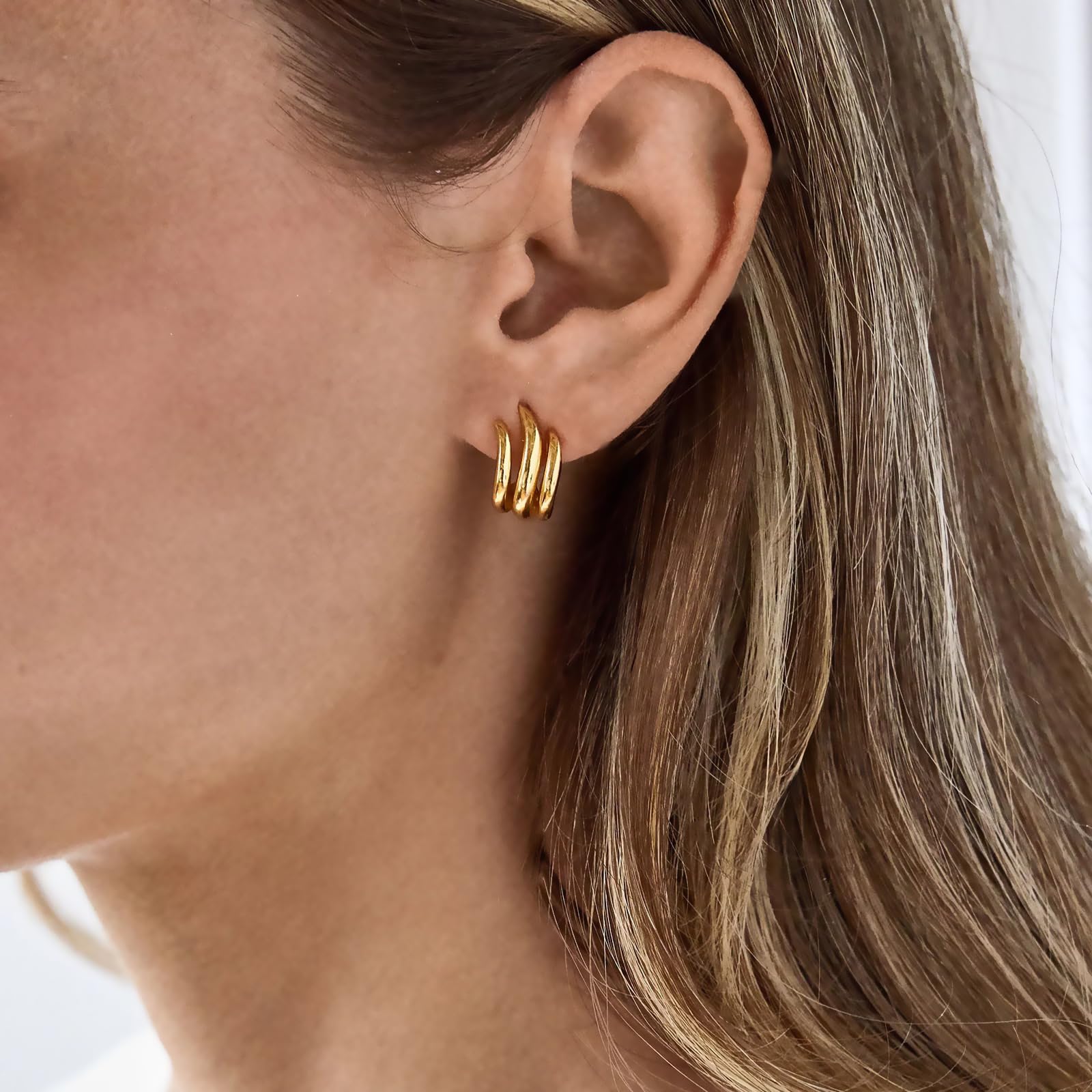 Obidos 14K Gold Plated Illusion Stud Earrings for Women | Triple Huggie Hoop Earrings for One Hole| Trendy Simple Hypoallergenic Fashion Accessories Gold Jewelry Gifts for Womens