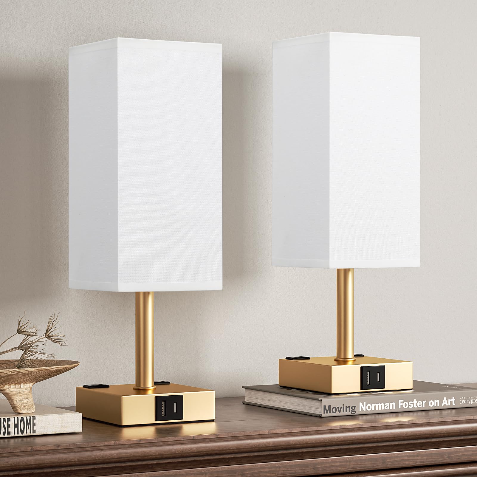 aooshine Set of 2 Touch Nightstand Lamp with USB-C+A Charge Ports& AC Outlets, 3-Way Dimmable Bedside Lamp with White Fabric Shade,Small Table Lamp for Bedroom Guest Room(Bulb Included)