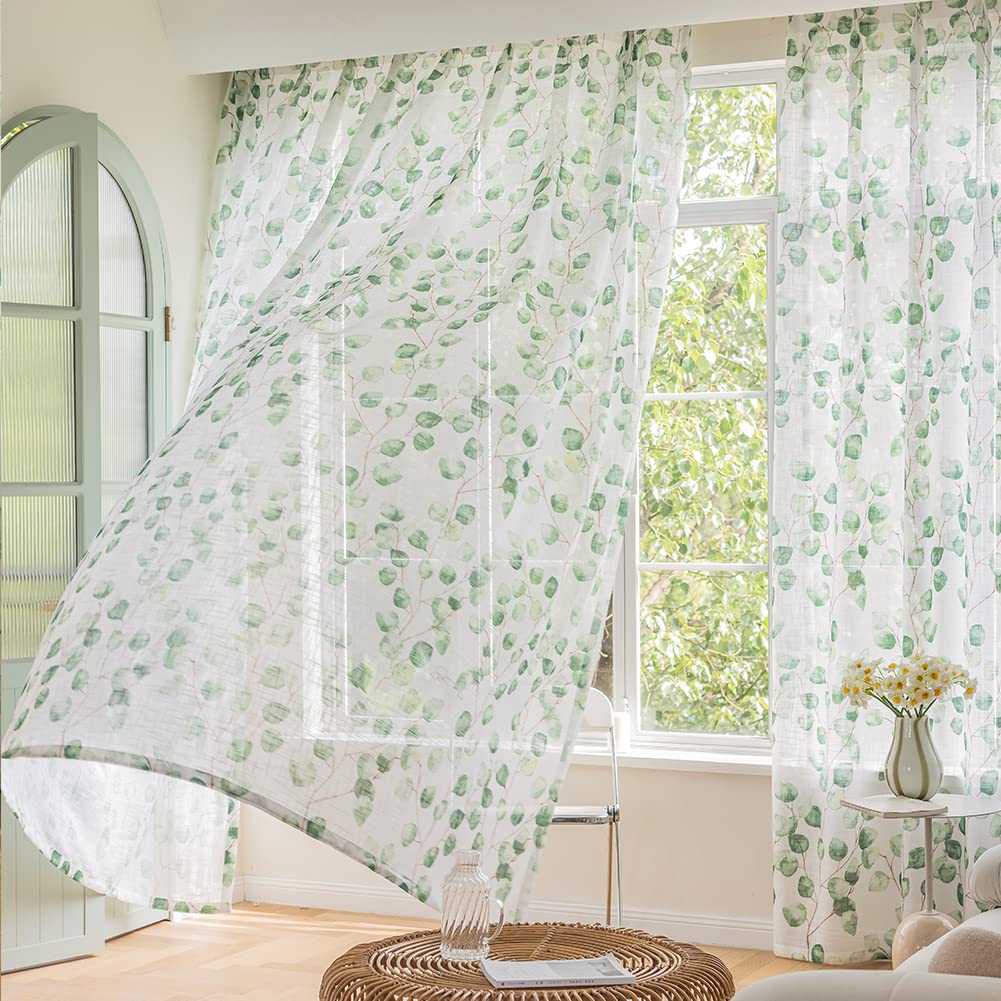SUOUO Blue Leaf Semi Sheer White Curtains for Bedroom Dining Living Room Linen Textured 84 inches Long Rod Pocket Boho Window Drapes 2 Panels