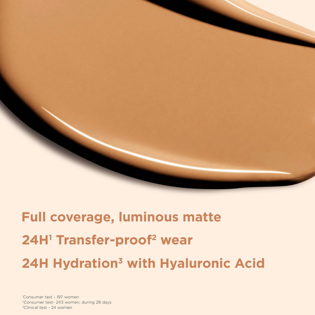 Clarins Skin Illusion Longwear Full Coverage Foundation|Luminous Matte Finish|24H Hold and 24H Hydration|Natural Looking|Transfer, Sweat and Smudge Proof| Contains Hyaluronic Acid|1 Fl Oz