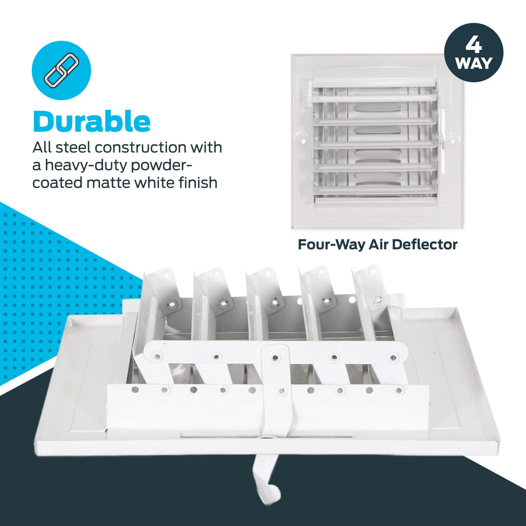 EZ-FLO 6 x 6 Inch (Duct Opening) Air Vent Cover for Wall or Ceiling, Four-Way Ventilation Register, Solid Steel HVAC Register Cover, White, 61617