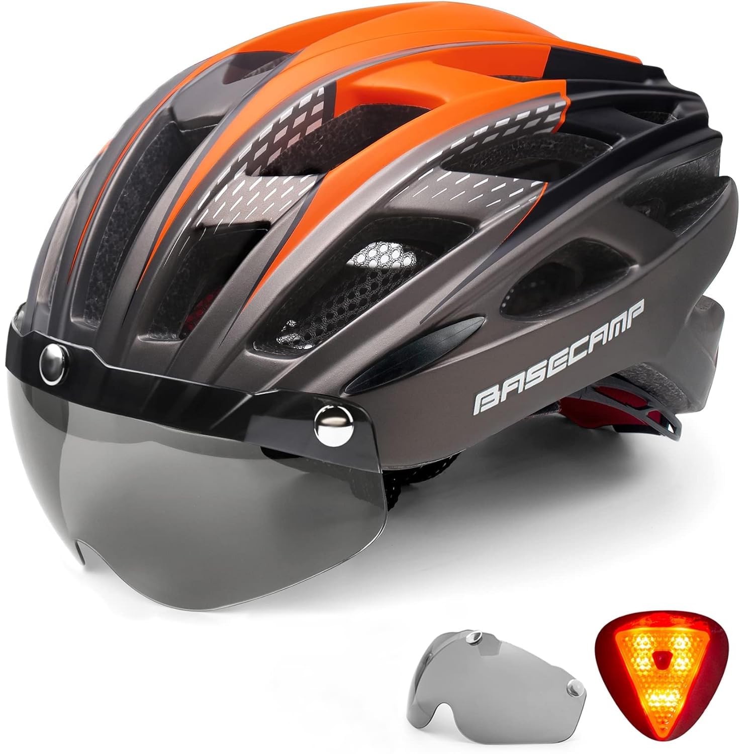 Bike Helmet, Basecamp Bicycle Helmet with Rear Light & Detachable Magnetic Goggles Lightweight Cycling Helmet Adjustable for Adult Men Women Mountain & Road (BC-069)