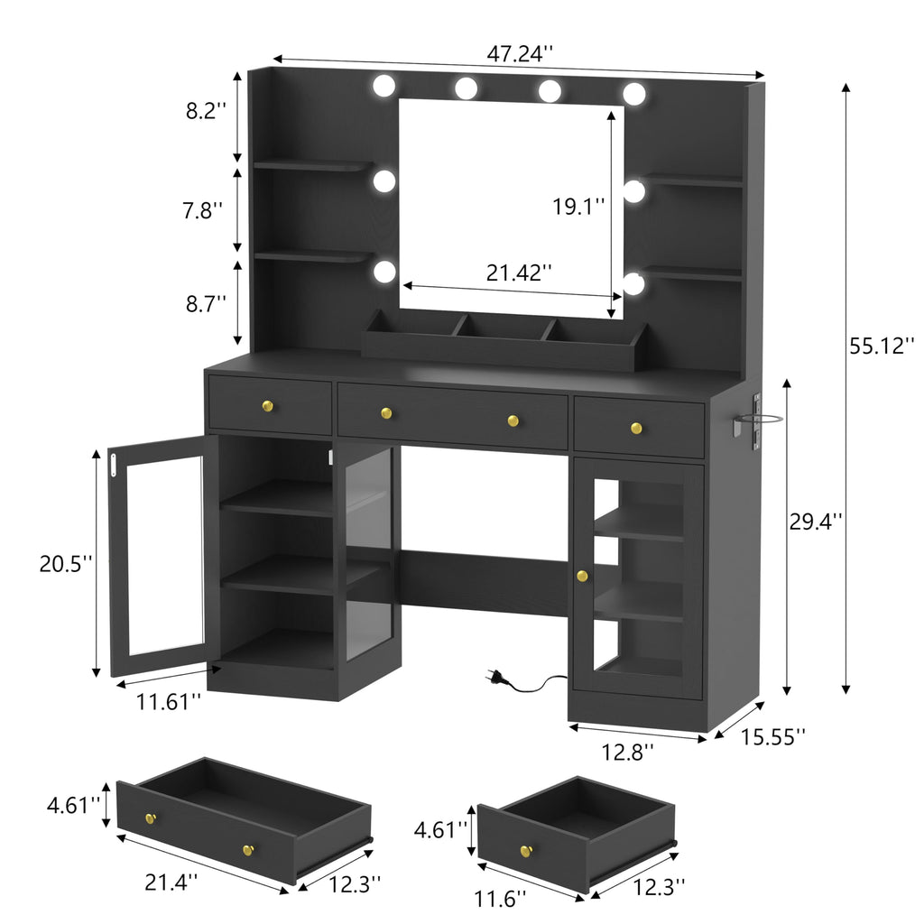 HUANLEGO Vanity Desk with Mirror and Lights, Makeup Vanity with Mirror and LED Lights & Power Outlet, 3 Drawers and Cabinets, 3 Lighting Modes Dressing Table Set for Girls Women Bedroom,Oak