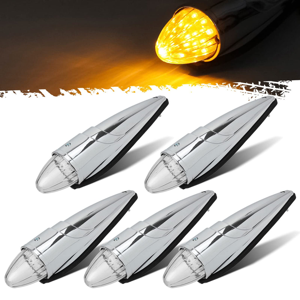 Partsam 5PCS 17 LED Amber Torpedo Cab Marker Roof Running Top Lights Assembly Super Bright Chrome Heavy Duty Trucks Replacement for International Kenworth/Peterbilt/Freightliner/Mack,DOT Compliant