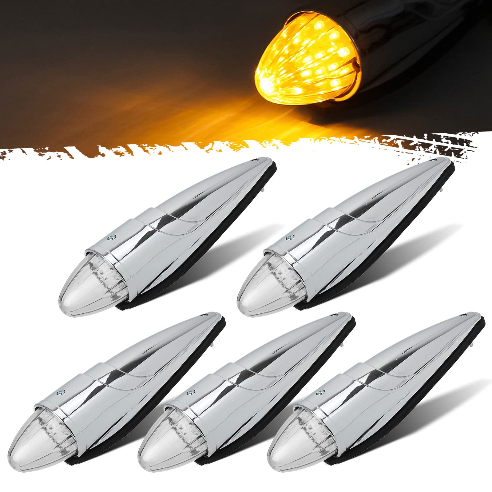 Partsam 5PCS 17 LED Amber Torpedo Cab Marker Roof Running Top Lights Assembly Super Bright Chrome Heavy Duty Trucks Replacement for International Kenworth/Peterbilt/Freightliner/Mack,DOT Compliant
