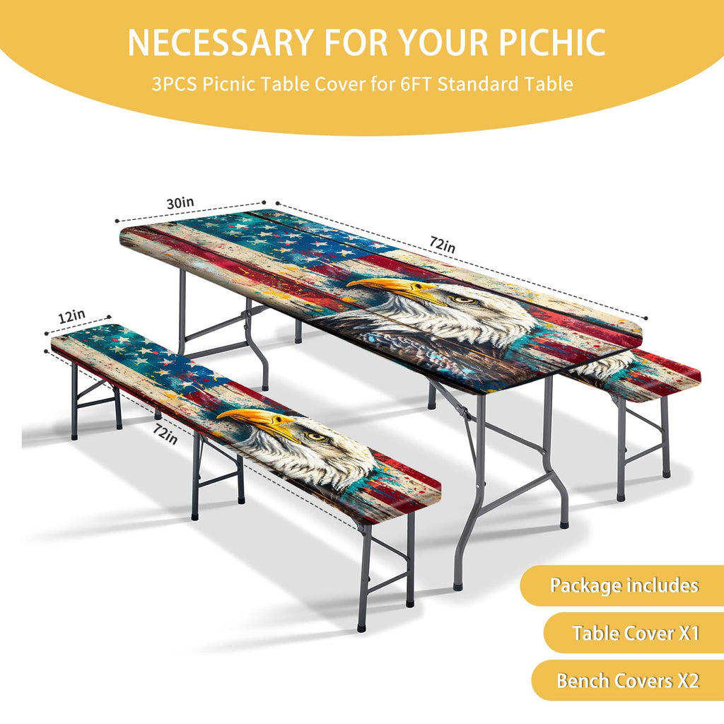 Park Picnic Table Cover with Bench Covers Lightweight Camping Essentials, Oil-Proof Waterproof 3PCS Tablecloth with Elastic, Fitted for Table 6FT Rectangle and Seats, American Flag Eagle (72x30in)