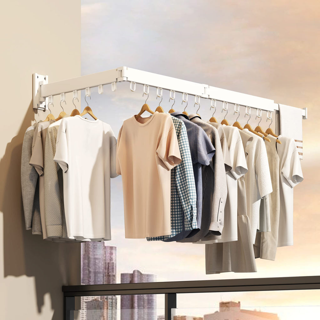 HEILAIYI Clothes Drying Rack for Laundry,Wall Mounted Clothes Hanger Rack,Folding,Retractable,Collapsible(J Shape Hooks)