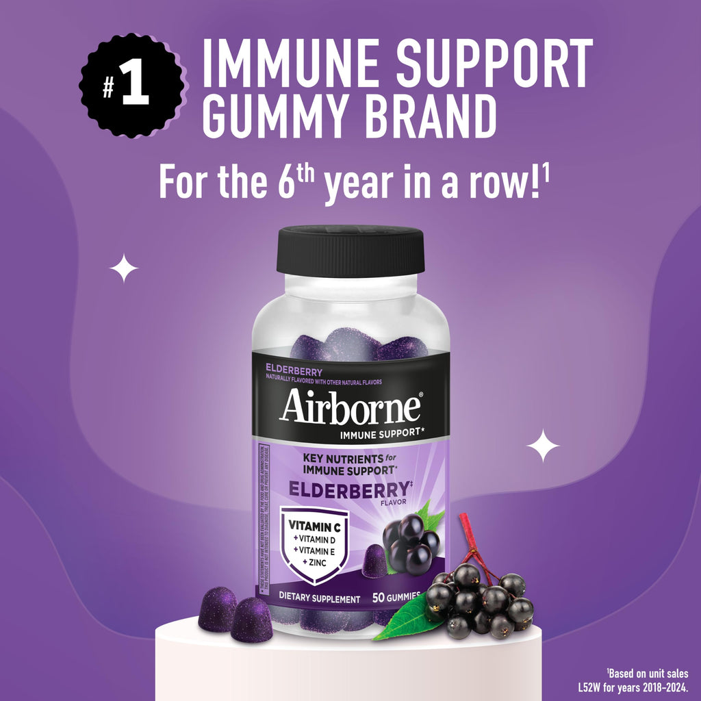 Airborne Elderberry + Zinc & Vitamin C Gummies For Adults, Immune Support Vitamin D & Zinc Gummies With Powerful Antioxidant Vitamins C D & E - 50 Gummies, Elderberry Flavor