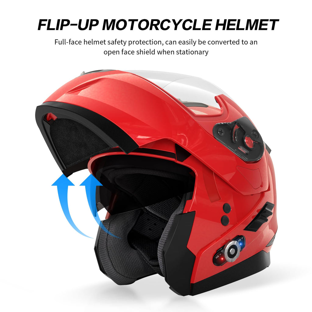 FreedConn BM2-S Bluetooth Motorcycle Helmet, Flip-Up Modular Motorbike Helmet, 500M Connectivity for 2-3 Riders, Voice Dial, Hands-Free Call, MP3, FM, DOT Certified (Medium, Gloss Black)