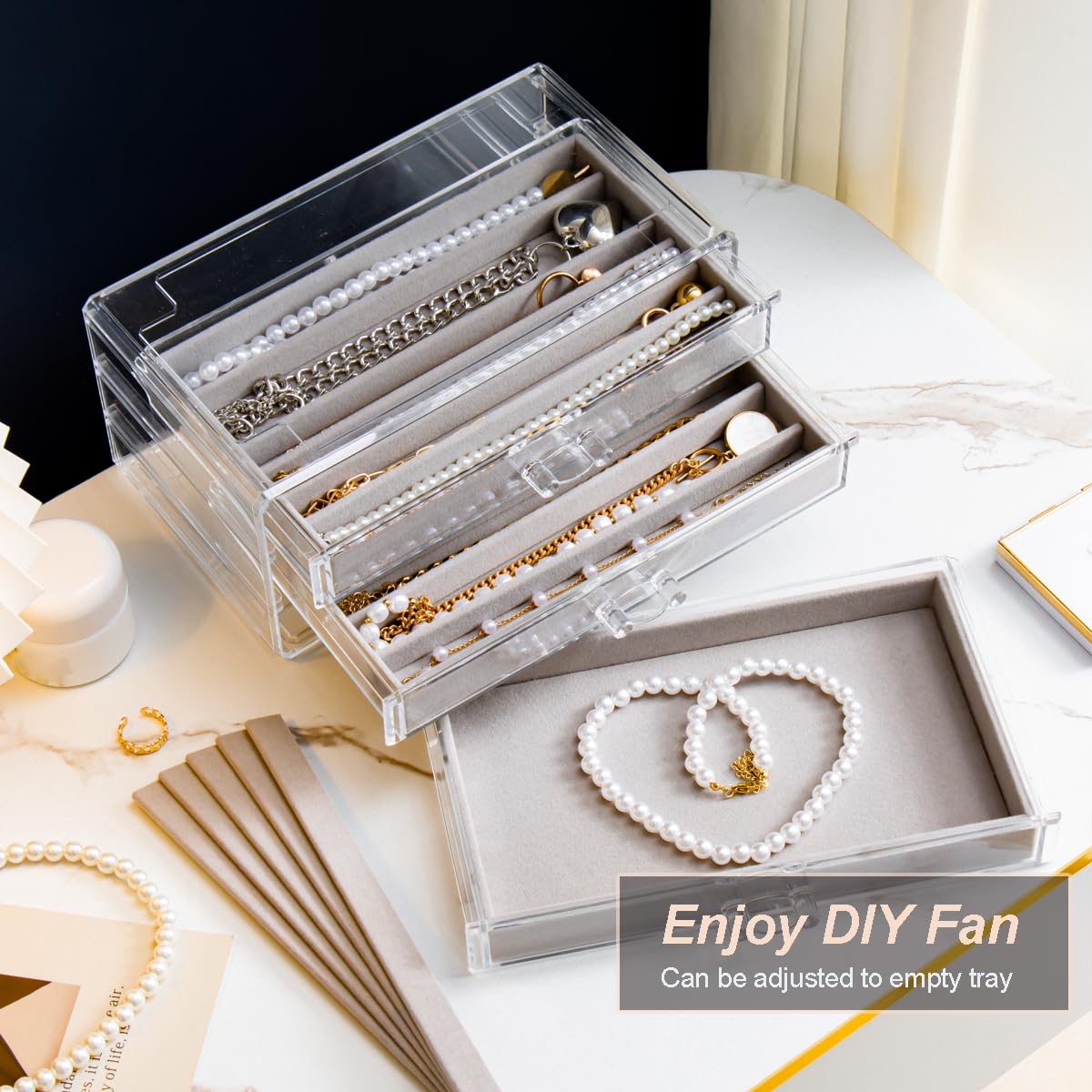 YUFONG Necklace Holder Organizer, Dustproof Necklace Box Velvet Necklace Organizer Box with Lid Clear Acrylic Dustproof Stackable Jewelry Displays for Necklaces Chain Display (Beige, 3 Drawer)