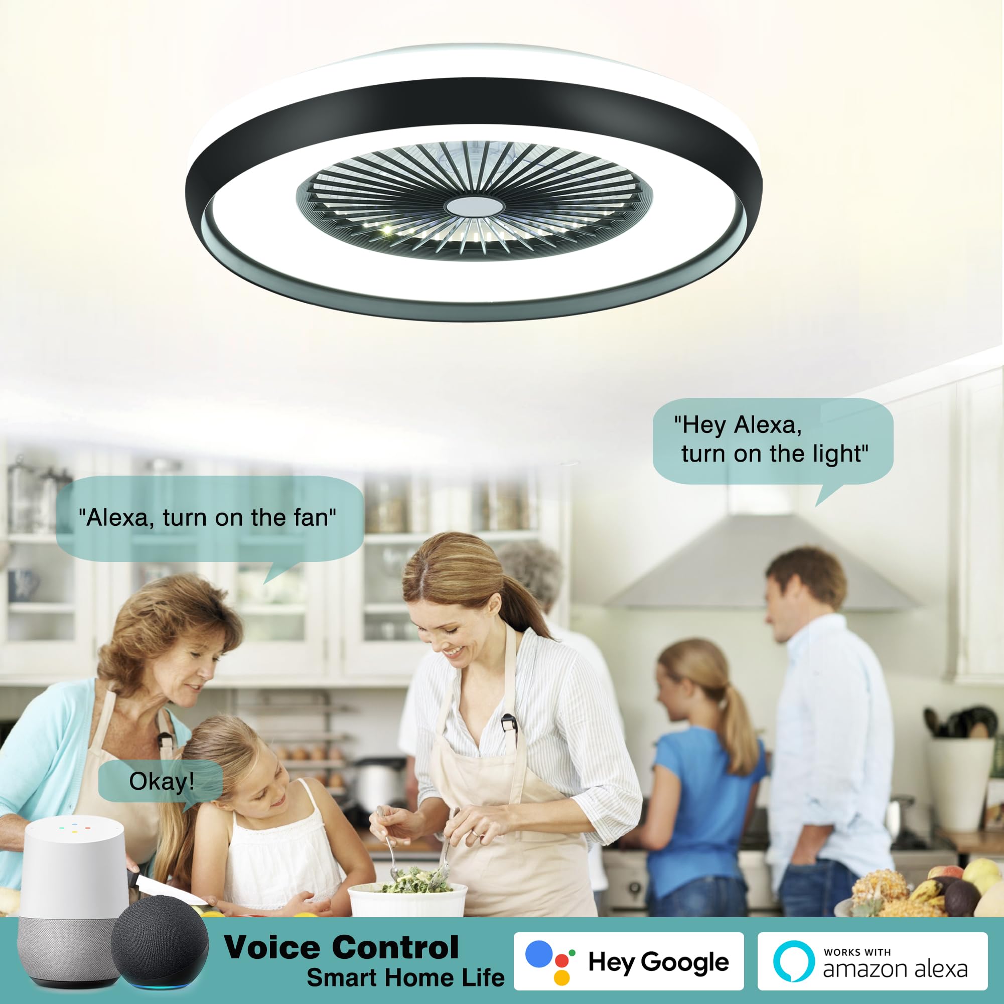 24" Bladeless Ceiling Fan with Light Remote, Smart LED Ceiling Fans with App Control, Modern Low Profile Dimmable Light Ceiling Fan for Bedroom Living Room Gold