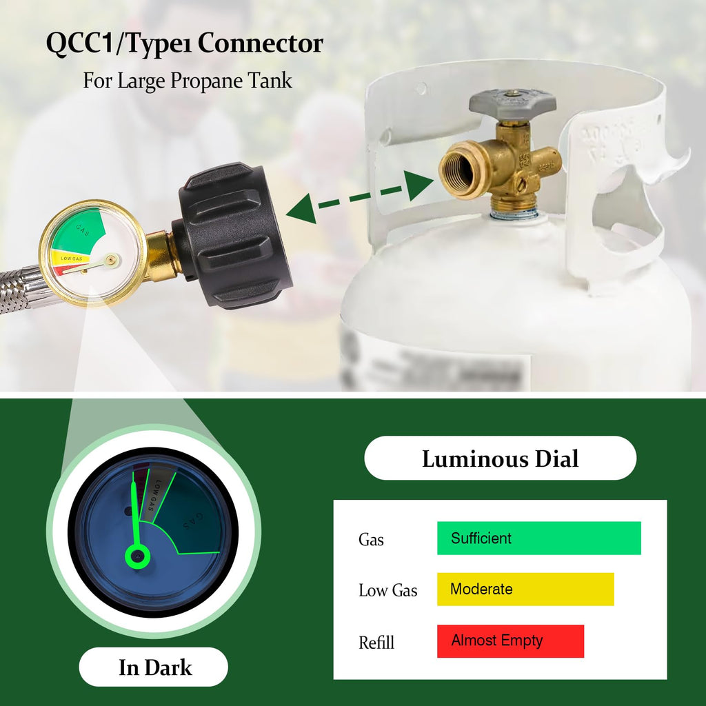 Propane Tank Adapter for 1 lb. Tanks,Upgrade 3 FT/36inch Propane Tank Refill Adapter Stainless Steel Hose with Gauge and ON-Off Control Valve, Fits QCC1 / Type 1 Propane Tank, 2 Caps Included