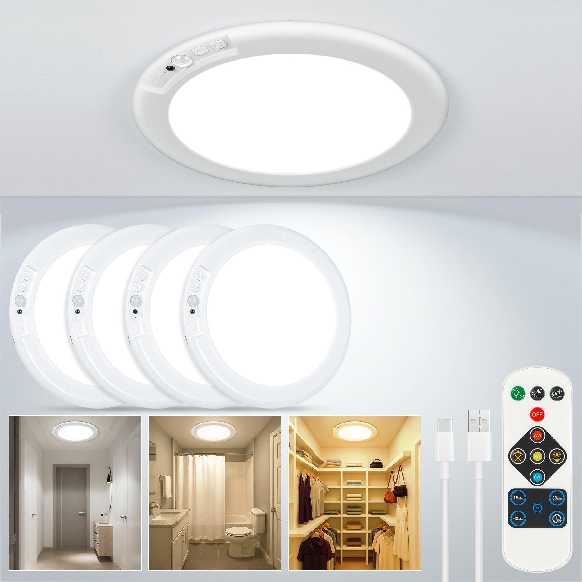 Wireless Closet Lights Motion Sensor - No Wiring Rechargeable Ceiling Light Night Light Indoor, Battery Operated Led Lights for Bedroom with Remote, Living Room Bathroom Home & Kitchen Decor Lighting