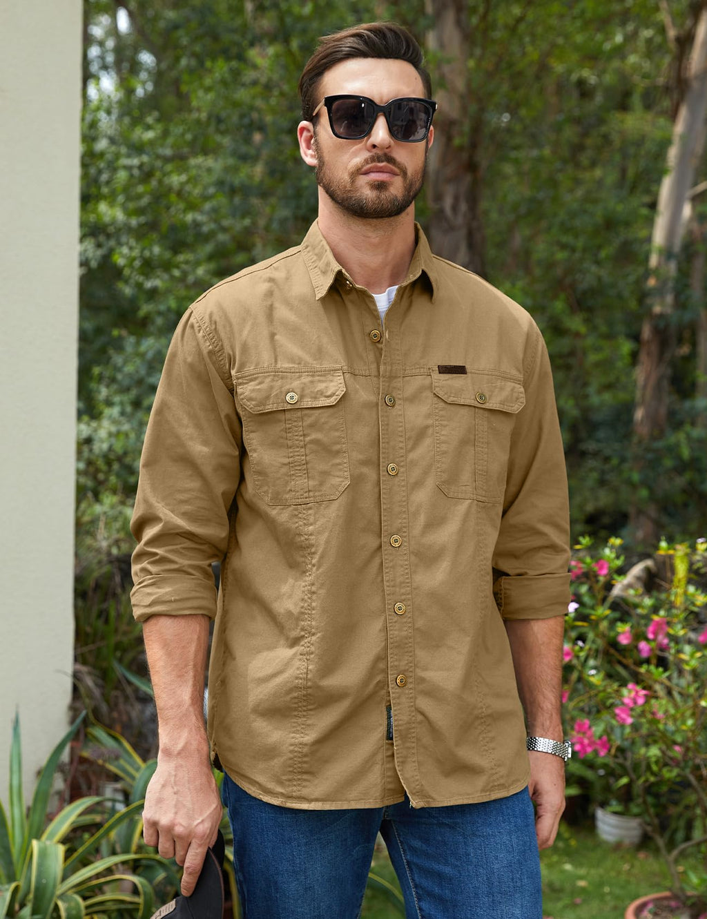 Eisctnd Men's Long Sleeve Cotton Work Shirt Casual Loose Fit Button Down Shirts with 2-Pocket for Outdoor Safari