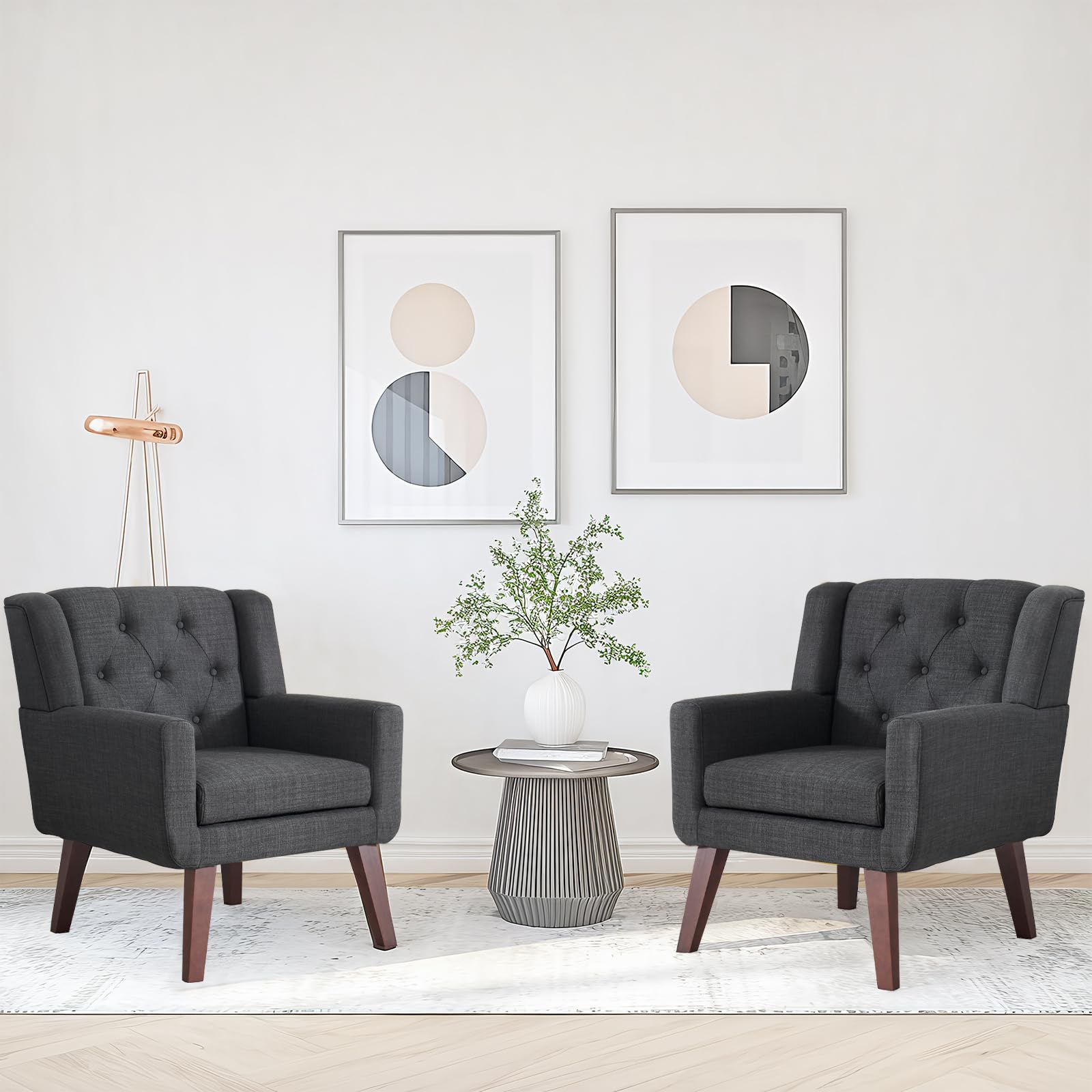 Living&Giving Accent Chair Button-Tufted Upholstered Living Room Chairs Comfy Reading Mid Century Modern with Linen Fabric Lounge Arm for Bedroom (Beige) 29.33D x 28.94W x 34.65H Inch
