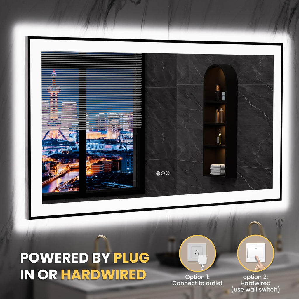 LOAAO 20"X28" LED Bathroom Mirror Black Framed | Anti-Fog, Dimmable, Memory Function, Tempered Glass, Lighted Vanity Mirror for Wall