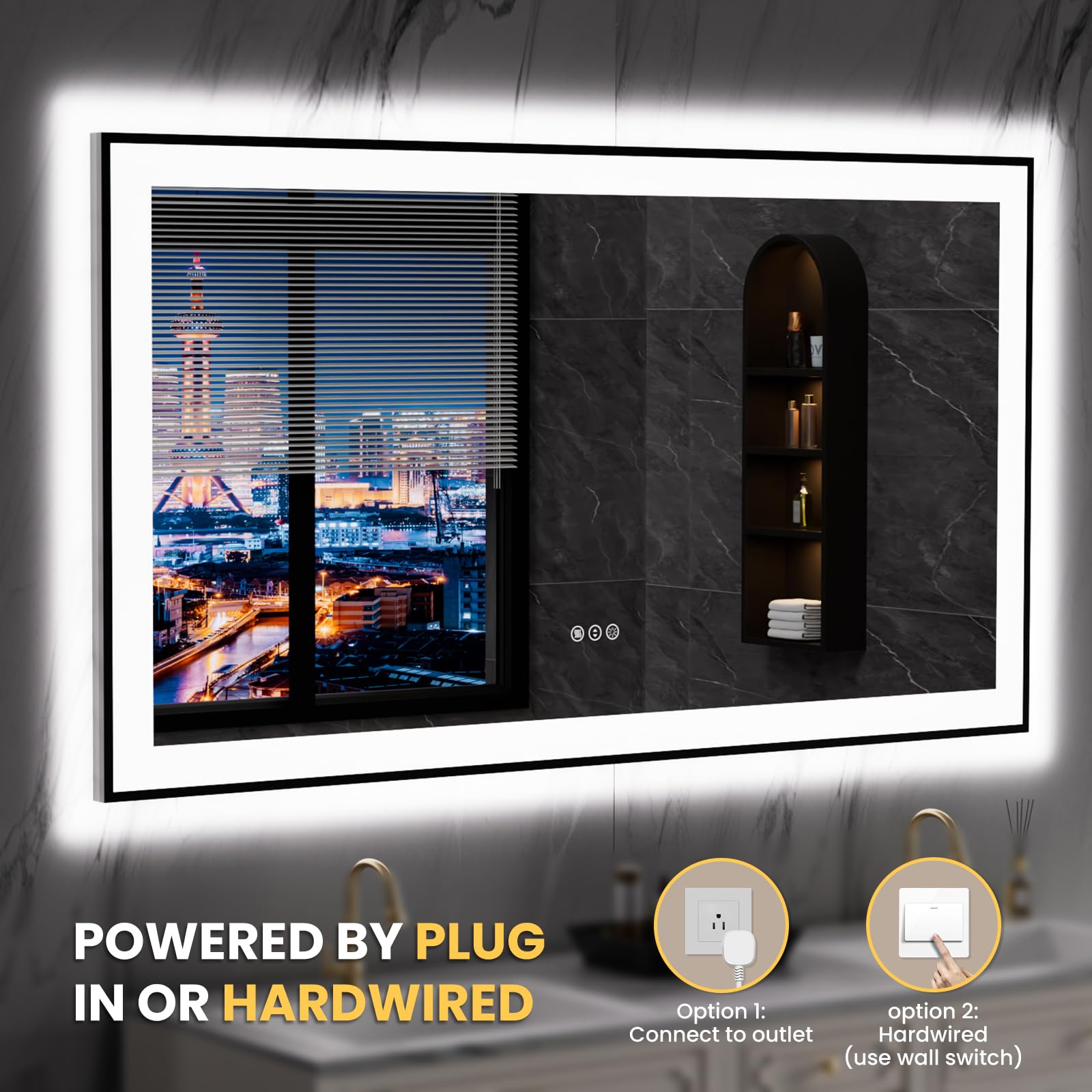 LOAAO 20"X28" LED Bathroom Mirror Black Framed | Anti-Fog, Dimmable, Memory Function, Tempered Glass, Lighted Vanity Mirror for Wall