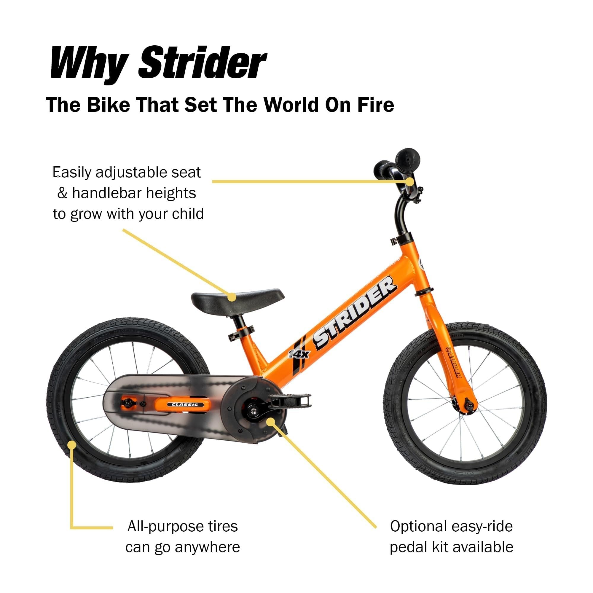 Strider 14x Classic, Balance Bike for Kids 3 to 6 Years - Includes Kid Sized Grips, Padded Seat, Performance Footrest, All-Purpose Tires-Easy Assembly, Tool-Free Adjustments