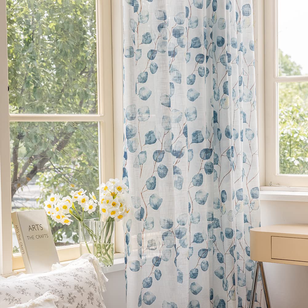 SUOUO Blue Leaf Semi Sheer White Curtains for Bedroom Dining Living Room Linen Textured 84 inches Long Rod Pocket Boho Window Drapes 2 Panels