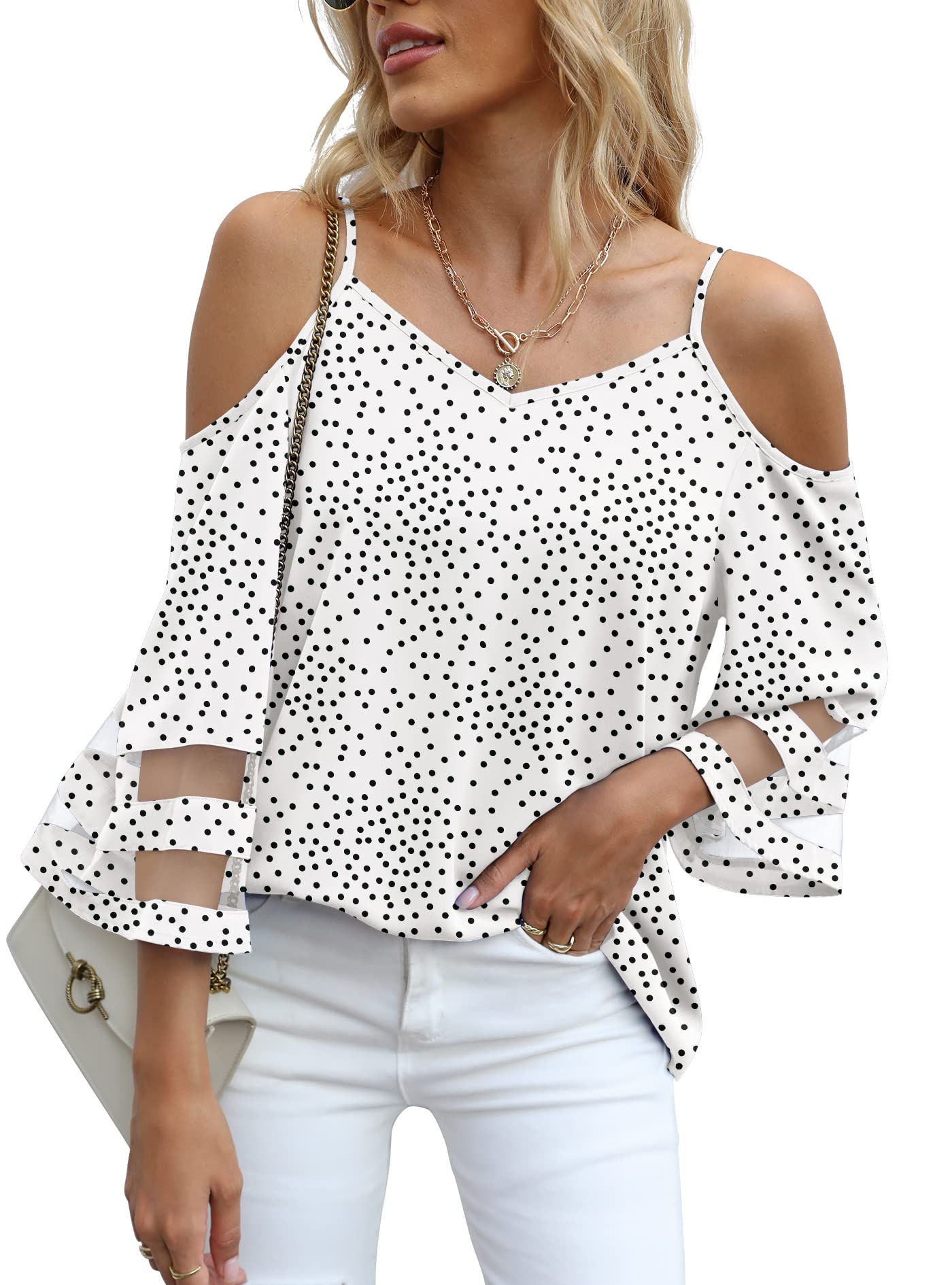 Jouica Womens Summer Cold Shoulder Tops Mesh Panel 3/4 Bell Sleeve Tees Adjustable Spaghetti Strap Loose Fit Shirts