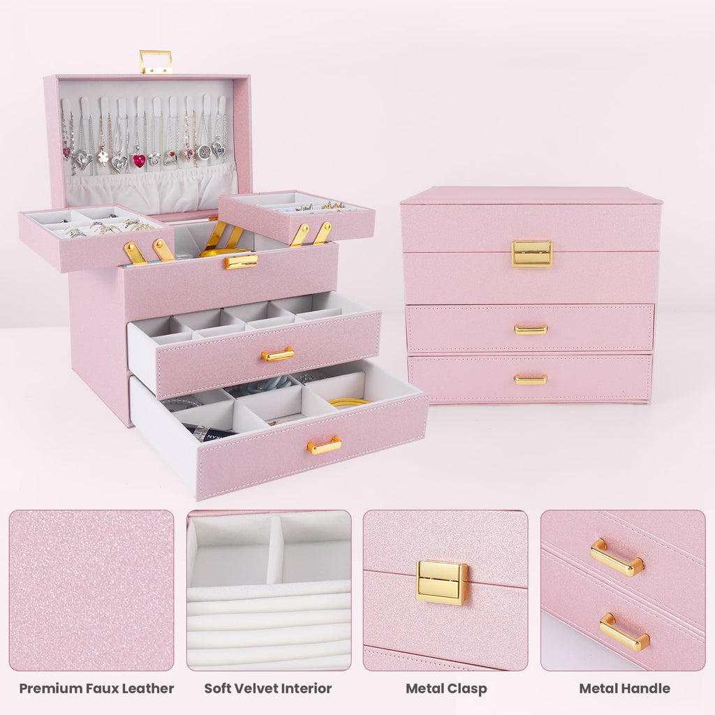 Dajasan Jewelry Organizer Box, Large Jewelry Boxes for Women Girls, Space-Saving 4 Layers Jewelry Storage Case with Drawer, Movable Metal Stand, Modern, Gift Idea (Green)