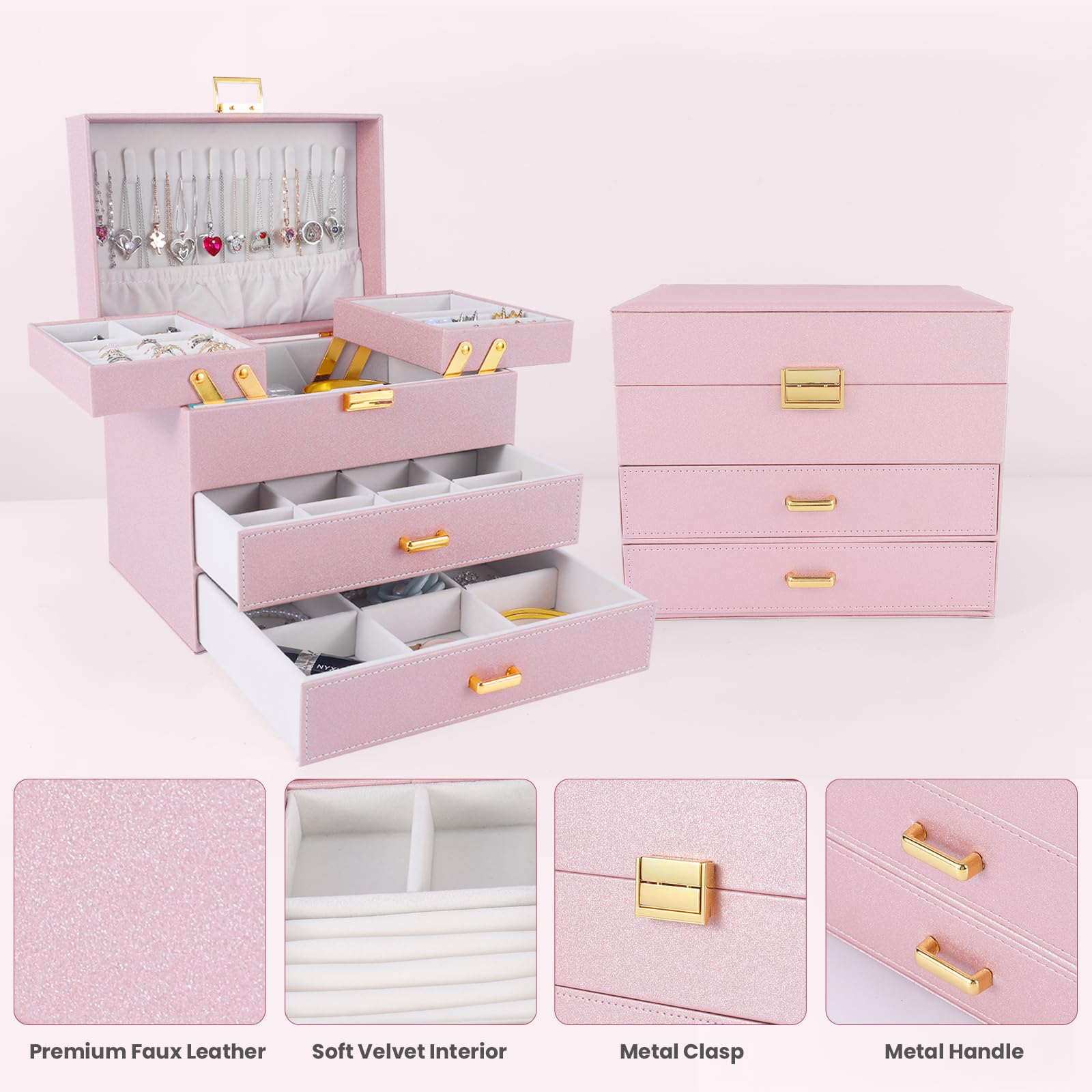 Dajasan Jewelry Organizer Box, Large Jewelry Boxes for Women Girls, Space-Saving 4 Layers Jewelry Storage Case with Drawer, Movable Metal Stand, Modern, Gift Idea (Green)