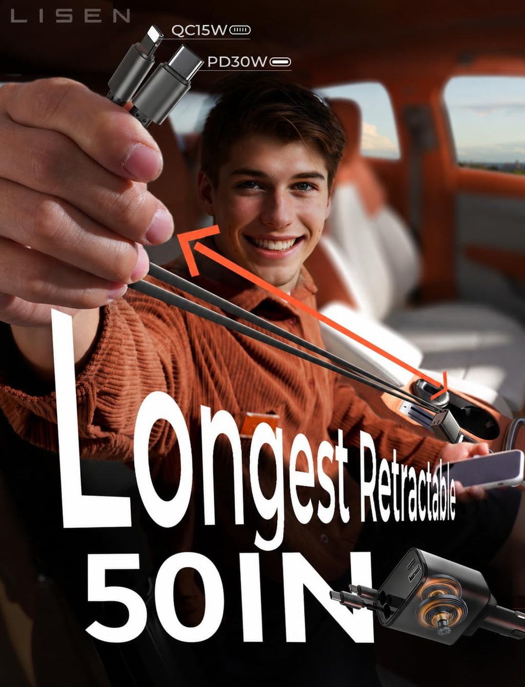 LISEN Retractable Car Charger, 84W Car Charger USB C Fast Charger Adapter for iPhone, Car Accessories for Men Women, Birthday Gifts for Fathers Day for Men Dad Husband, for iPhone 17 16 15 14 13 12 11