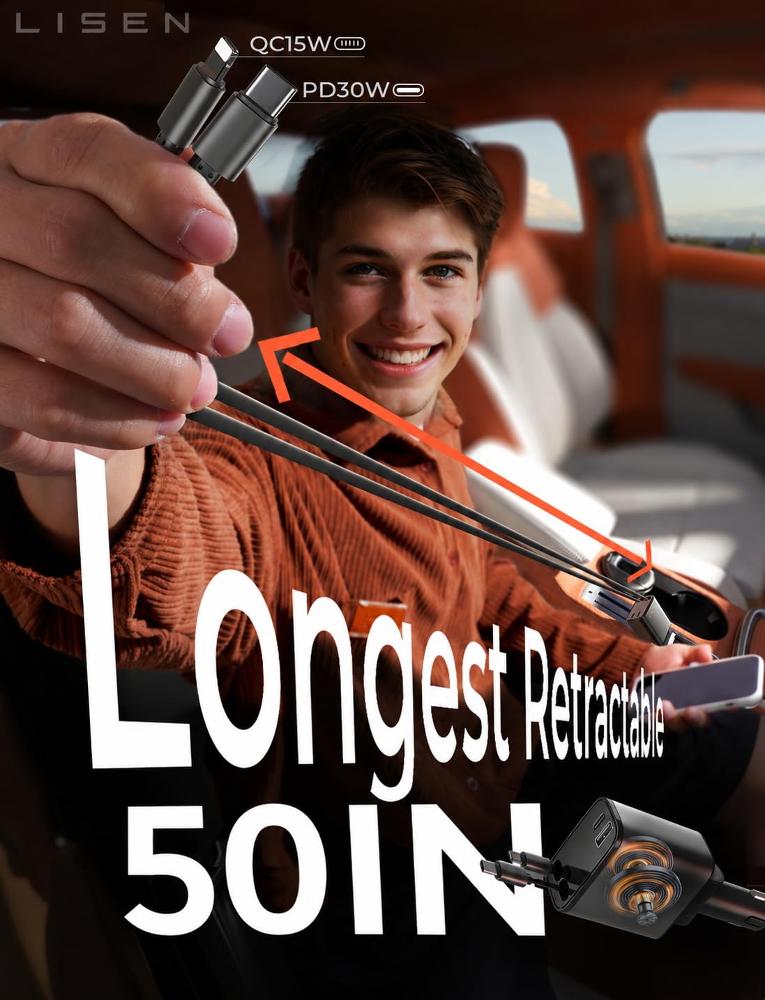 LISEN Retractable Car Charger, 84W Car Charger USB C Fast Charger Adapter for iPhone, Car Accessories for Men Women, Birthday Gifts for Fathers Day for Men Dad Husband, for iPhone 17 16 15 14 13 12 11