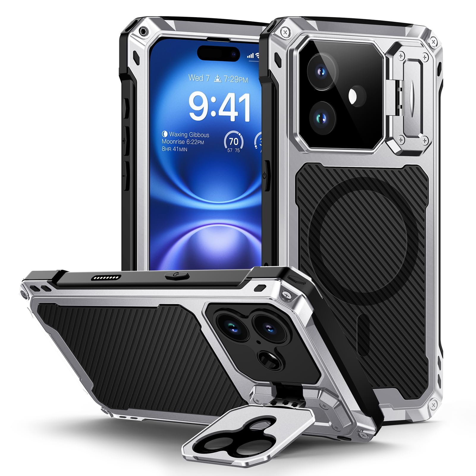 Lanhiem for iPhone 16 Metal Case with Camera Cover & Stand [Compatible with MagSafe] [Built-in Kickstand] [Military-Grade Protection] Heavy Duty Rugged Magnetic Phone Case, Black