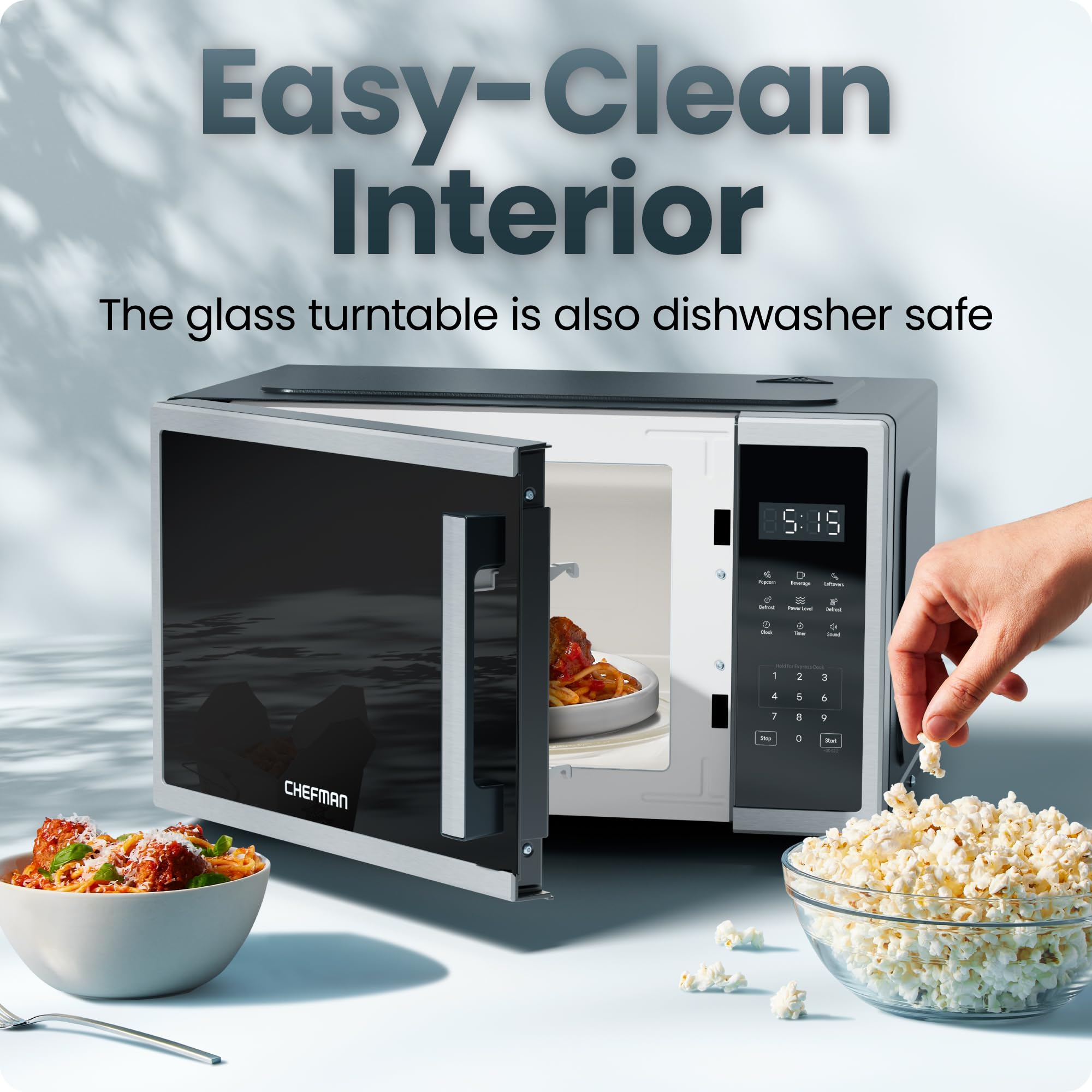 Chefman Compact Countertop Microwave Oven 0.7 Cu. Ft., 700W with 10 Power Levels, 3 Cooking Presets with One-Touch Express Cook, 2 Defrost Settings, Child Safety Lock, & Mute Button – Stainless Steel