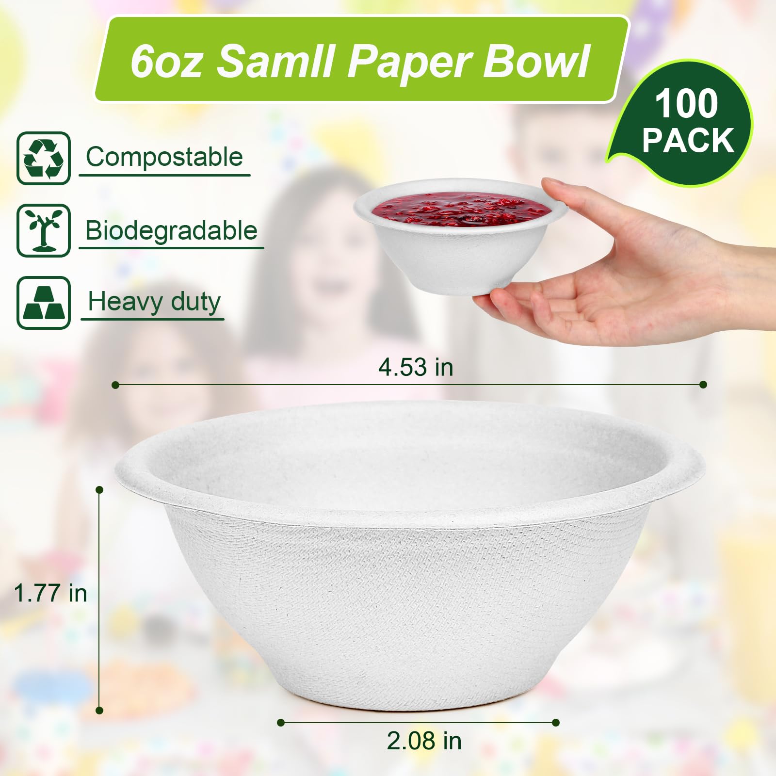 4 oz Small Paper Bowls, 100 Pack Compostable Bagasse Fiber Bowls, Microwavable for Condiments, Sauce, Ice Cream