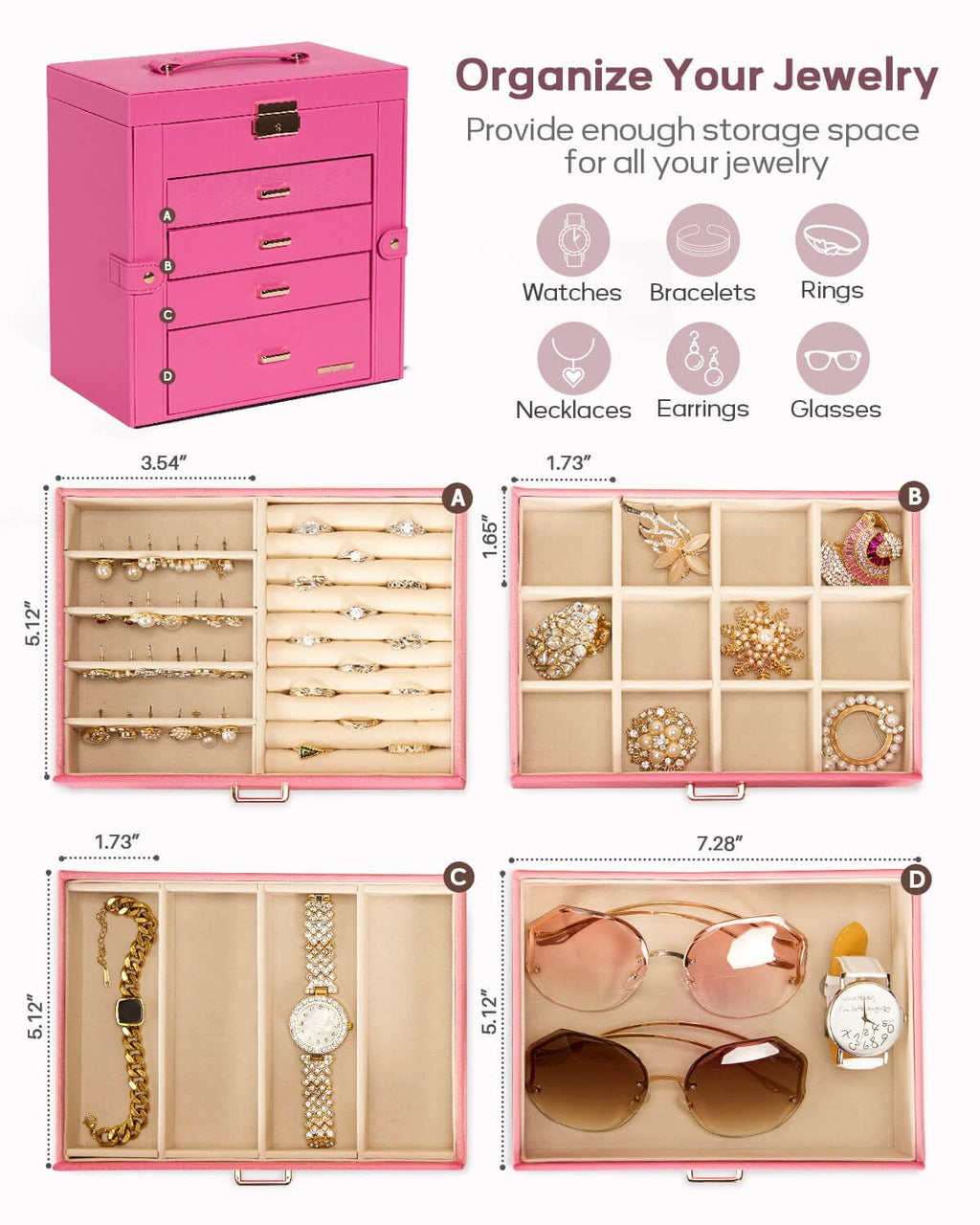 Homde Mothers Day Gifts Synthetic Leather Huge Jewelry Box Mirrored Watch Organizer Necklace Ring Earring Storage Lockable Gift Case (Black + Gold)